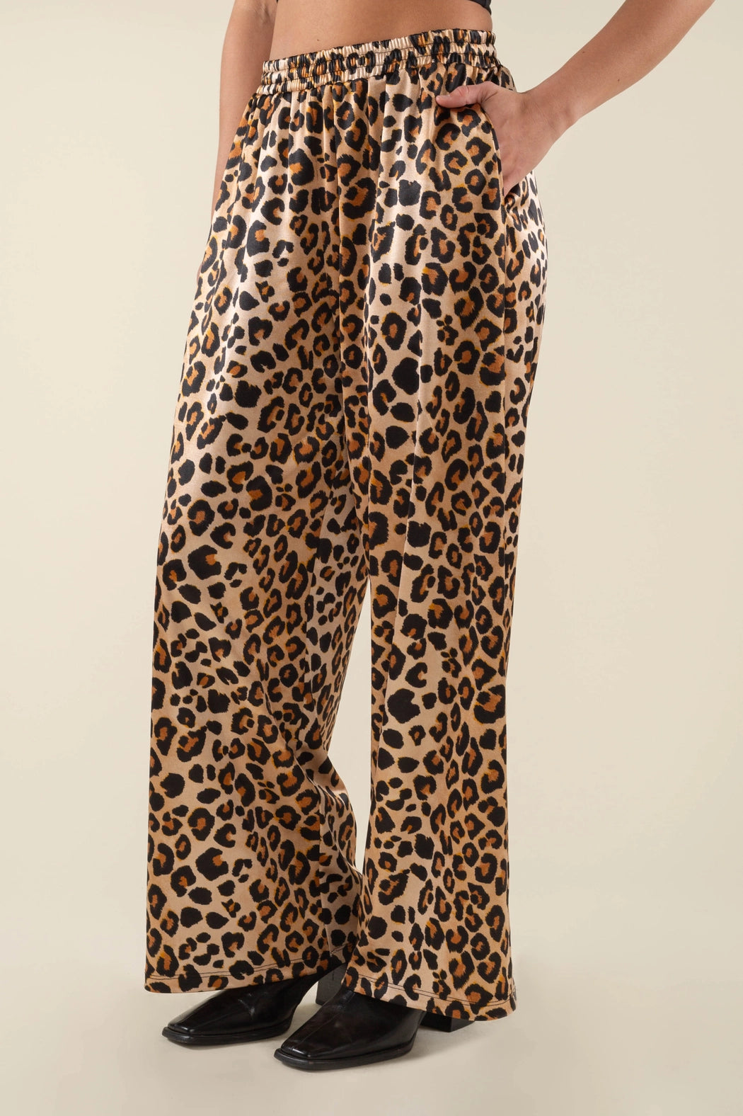 Straight Leg Leopard Print Satin Pants