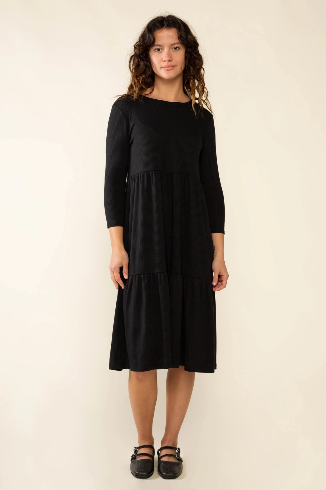 3/4 Sleeve Tiered Rib Dress