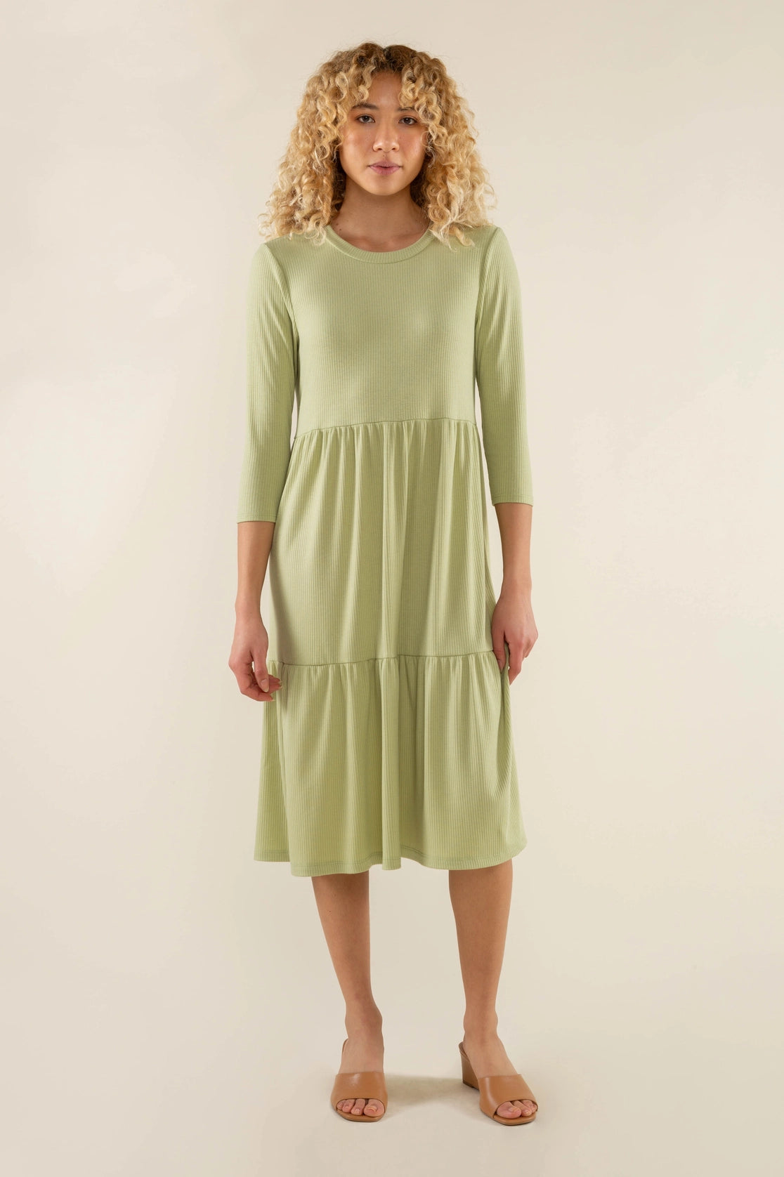 3/4 Sleeve Tiered Rib Dress