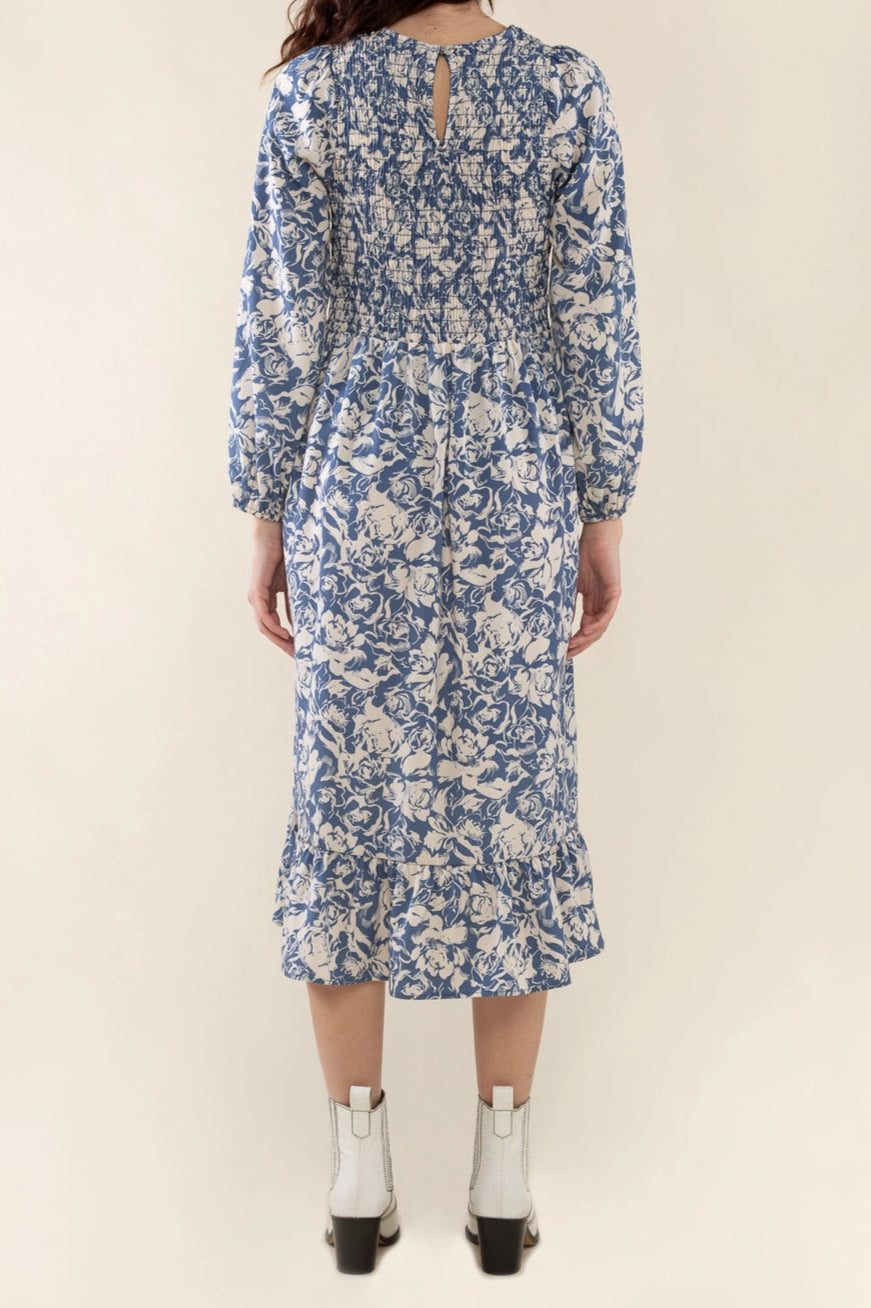 Shirred Print Midi Dress