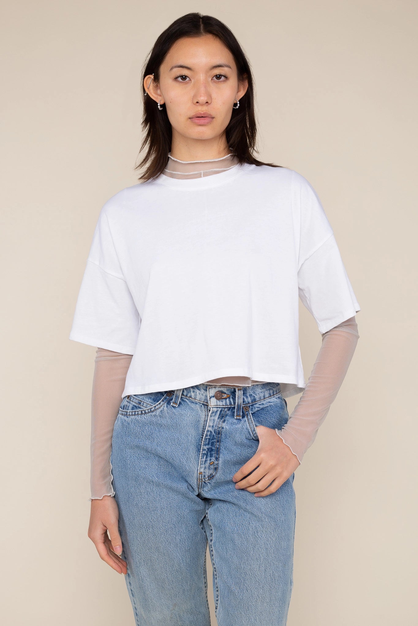 Mock Neck Contrast Merrow Mesh Top