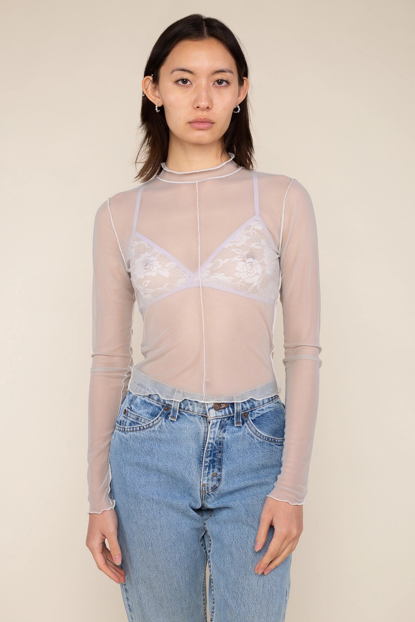 Mock Neck Contrast Merrow Mesh Top