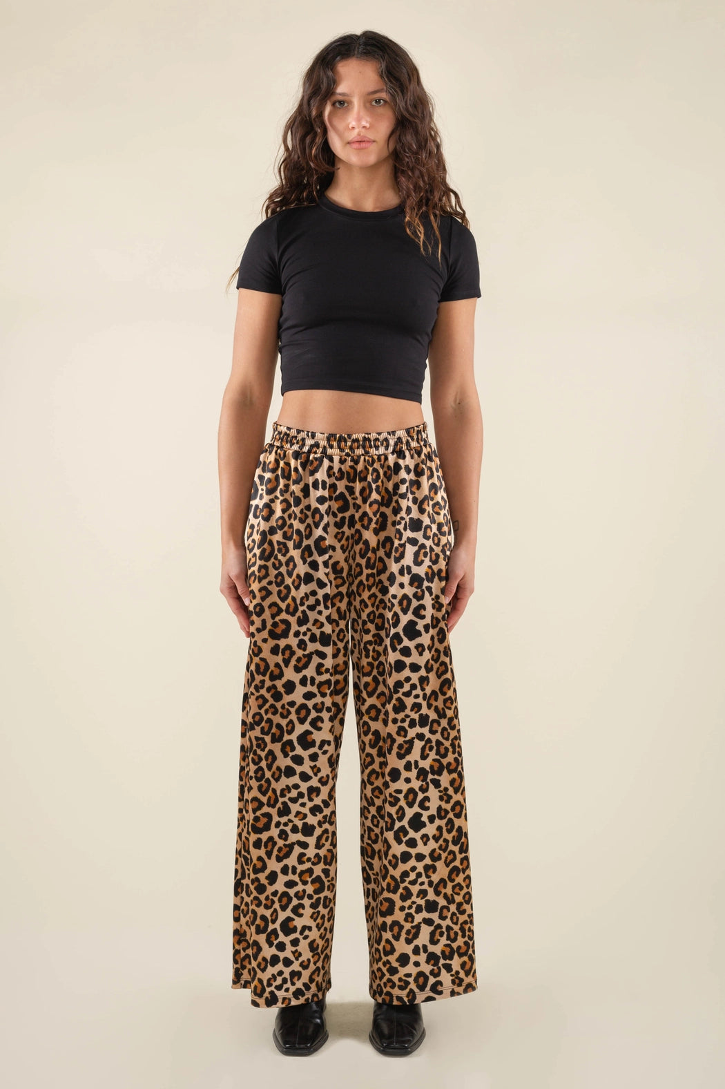 Straight Leg Leopard Print Satin Pants