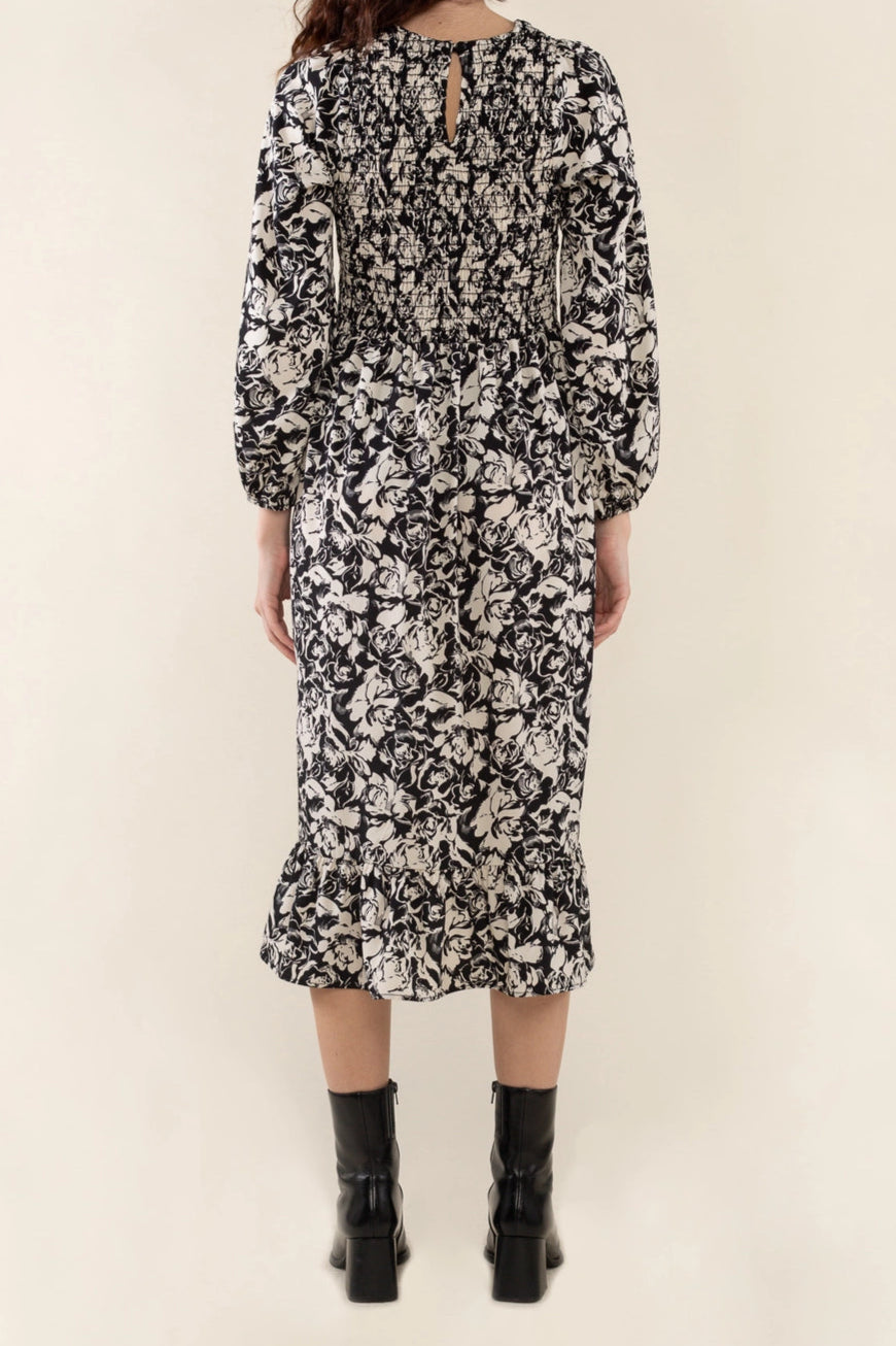 Shirred Print Midi Dress