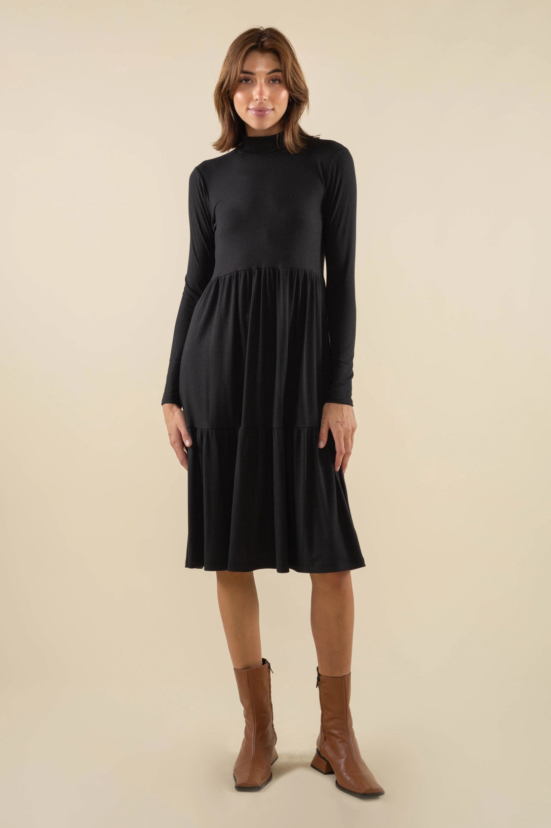 Turtleneck Tiered Rib Dress