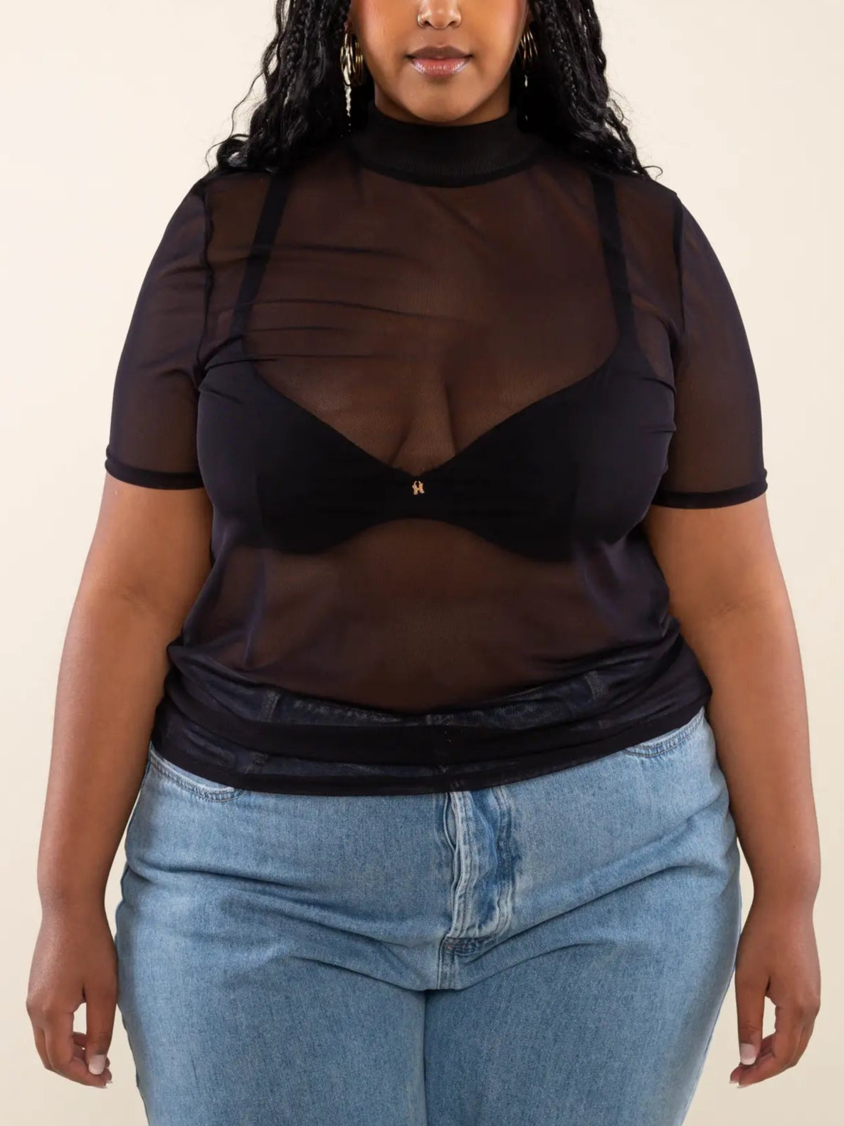 Mock Neck Short Slv Mesh Top