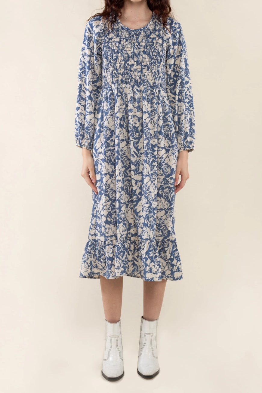 Shirred Print Midi Dress