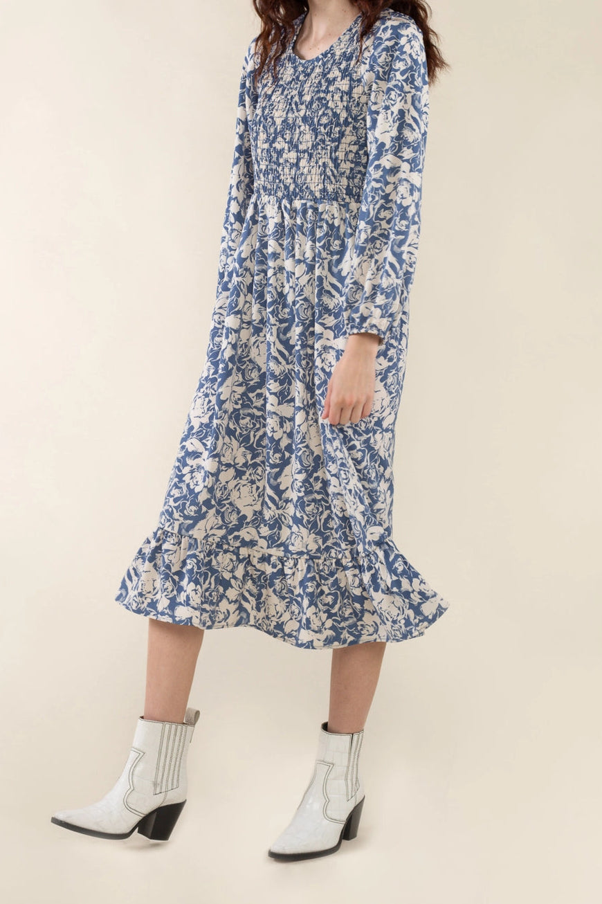 Shirred Print Midi Dress