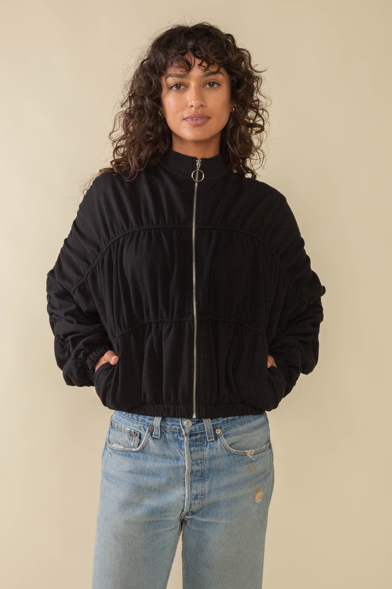 Bandini Shirred Mock Neck Zip Up Jacket