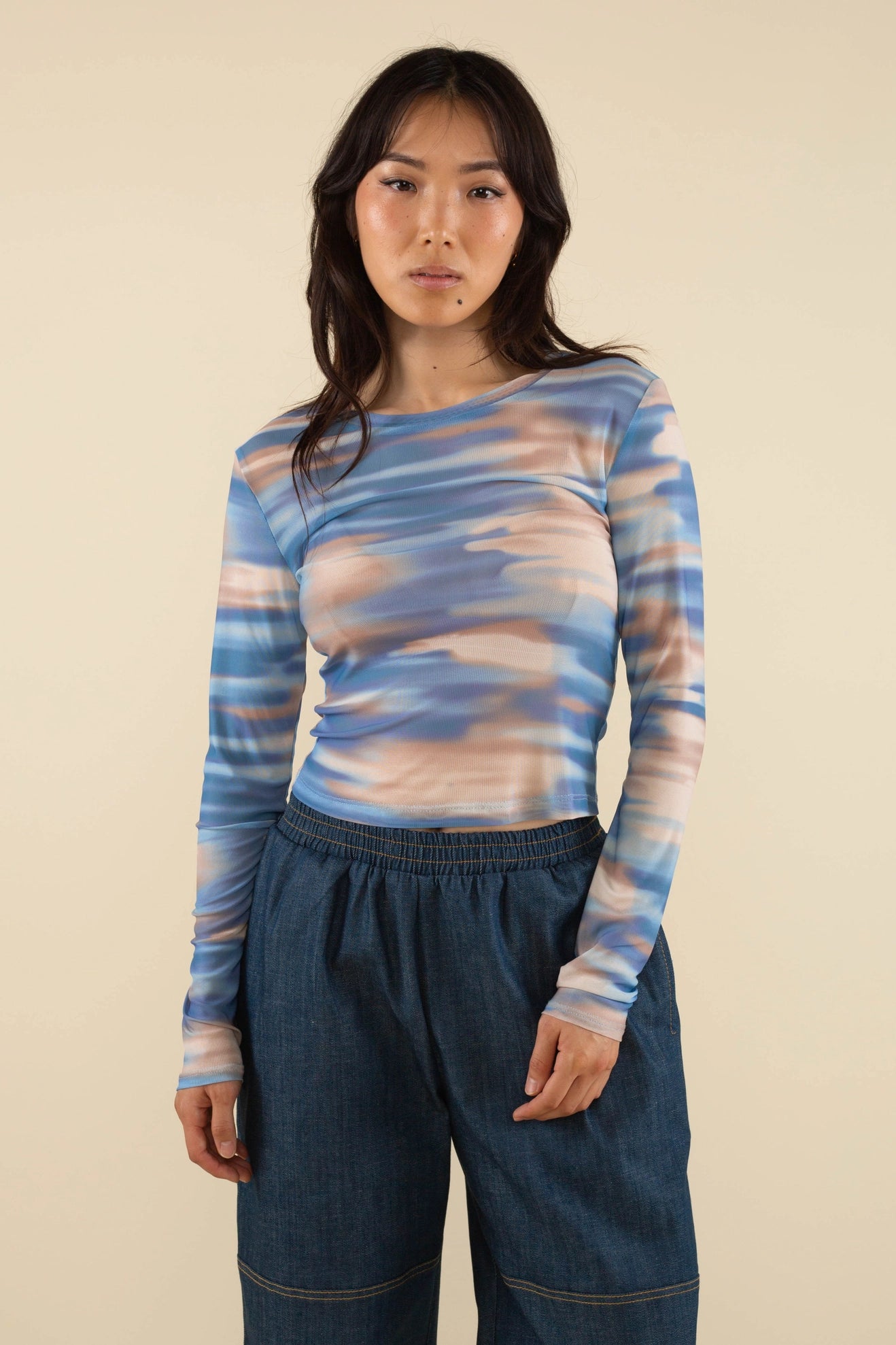 Print Long Sleeve Mesh Shirt