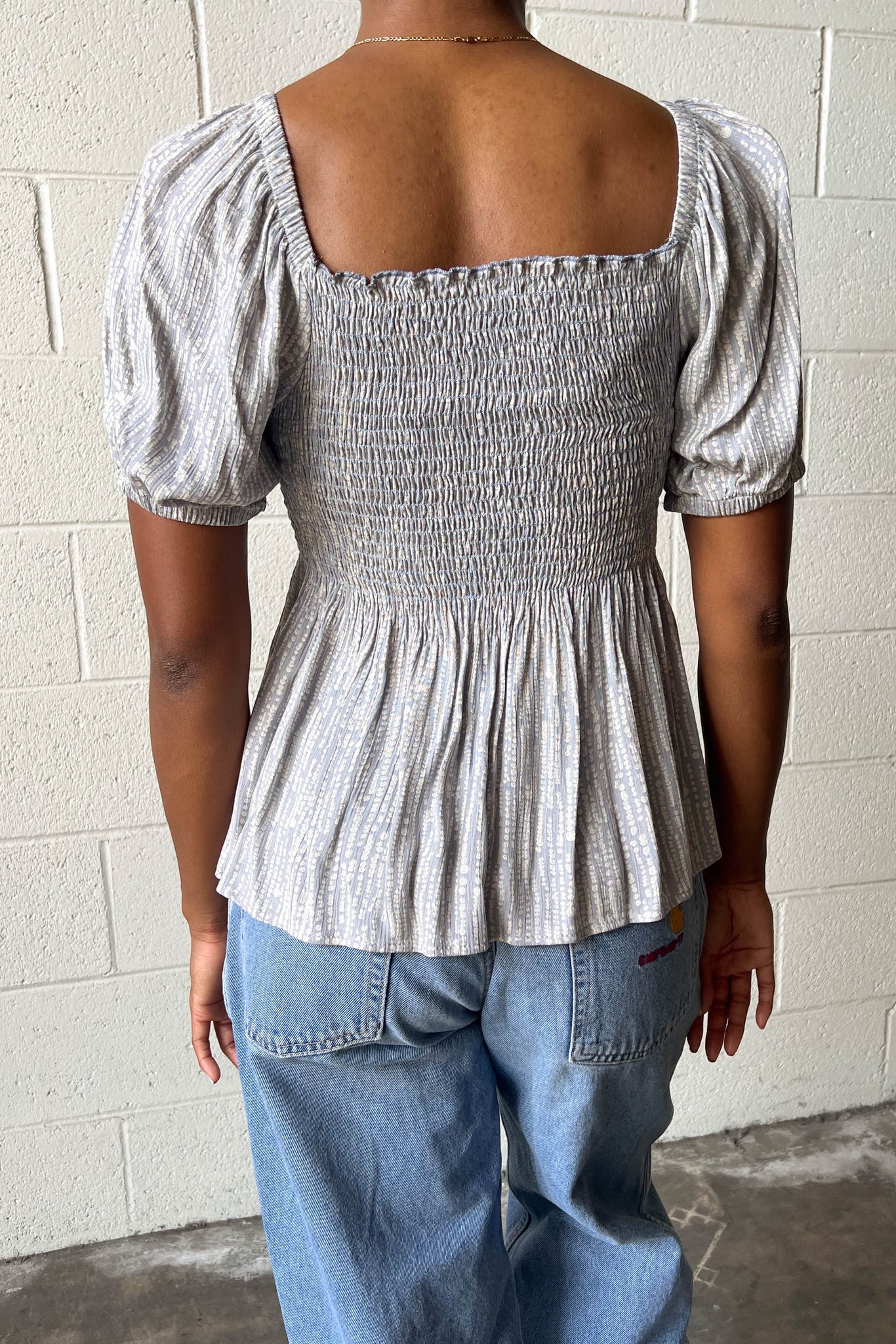 Shirred Print Blouse - Dusty Blue