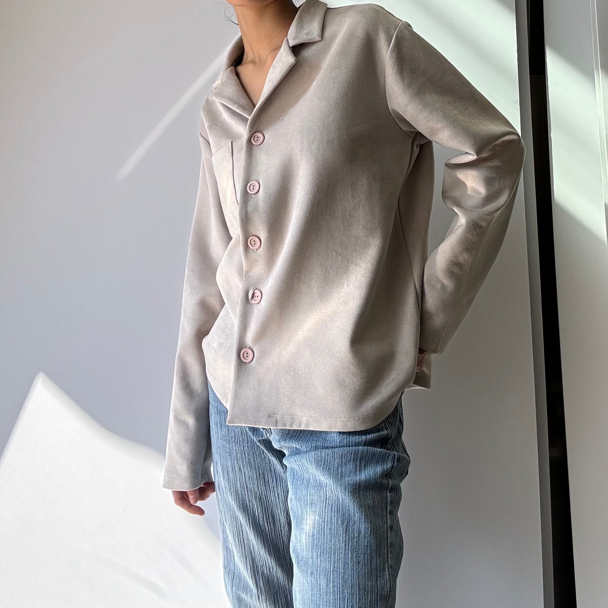 Faux Suede Button Up Top - Oatmeal