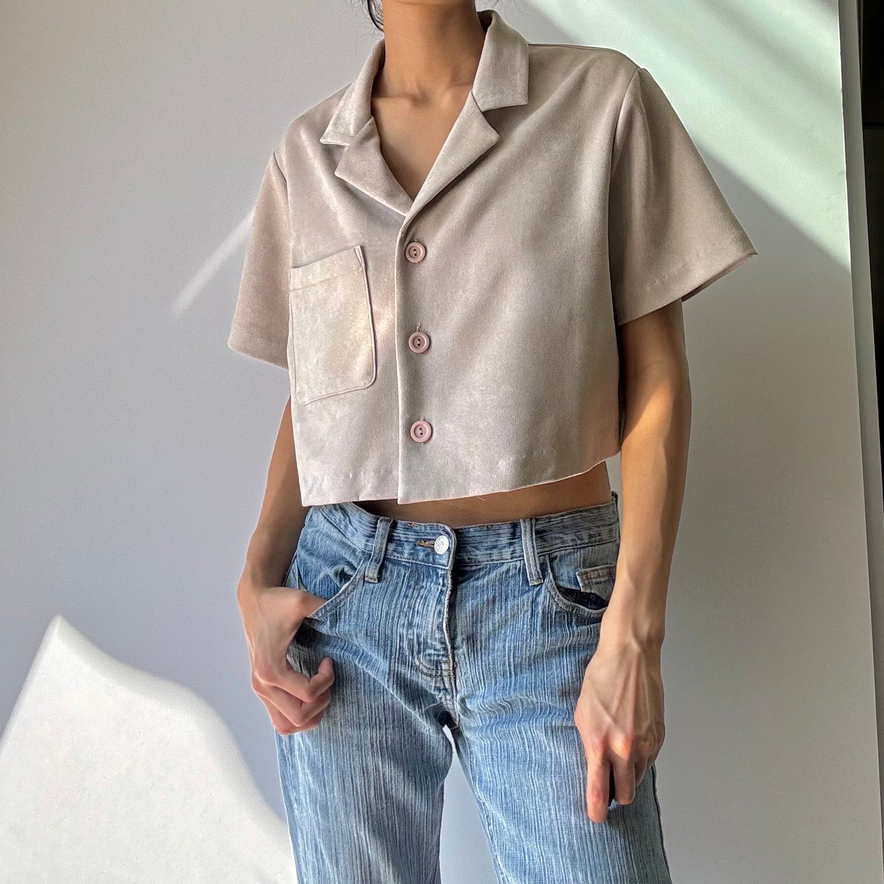 Faux Crop Button Up Top - Oatmeal