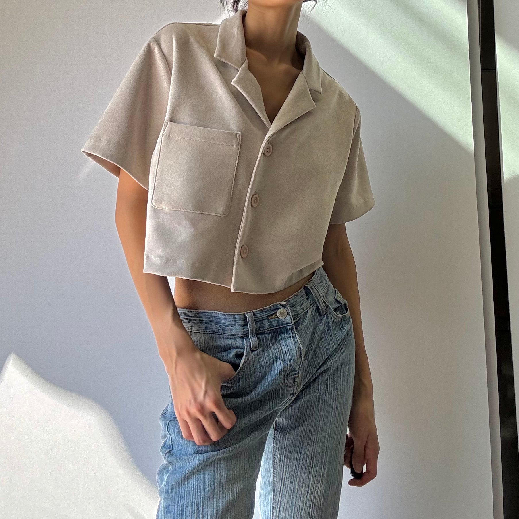 Faux Crop Button Up Top - Oatmeal