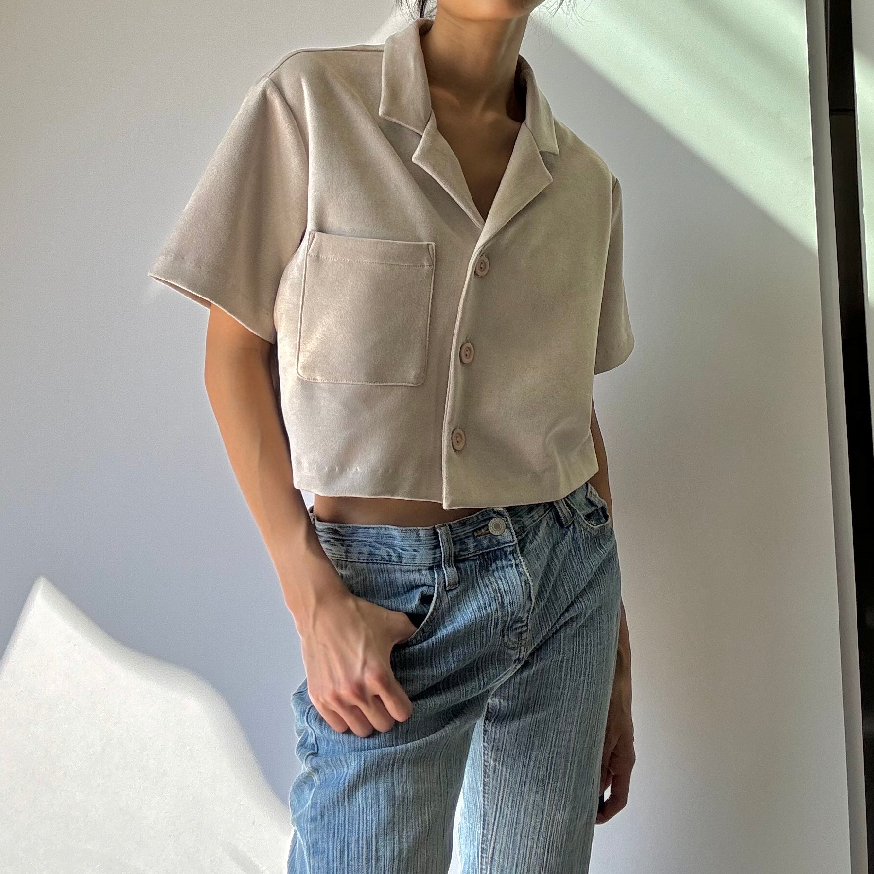 Faux Crop Button Up Top - Oatmeal