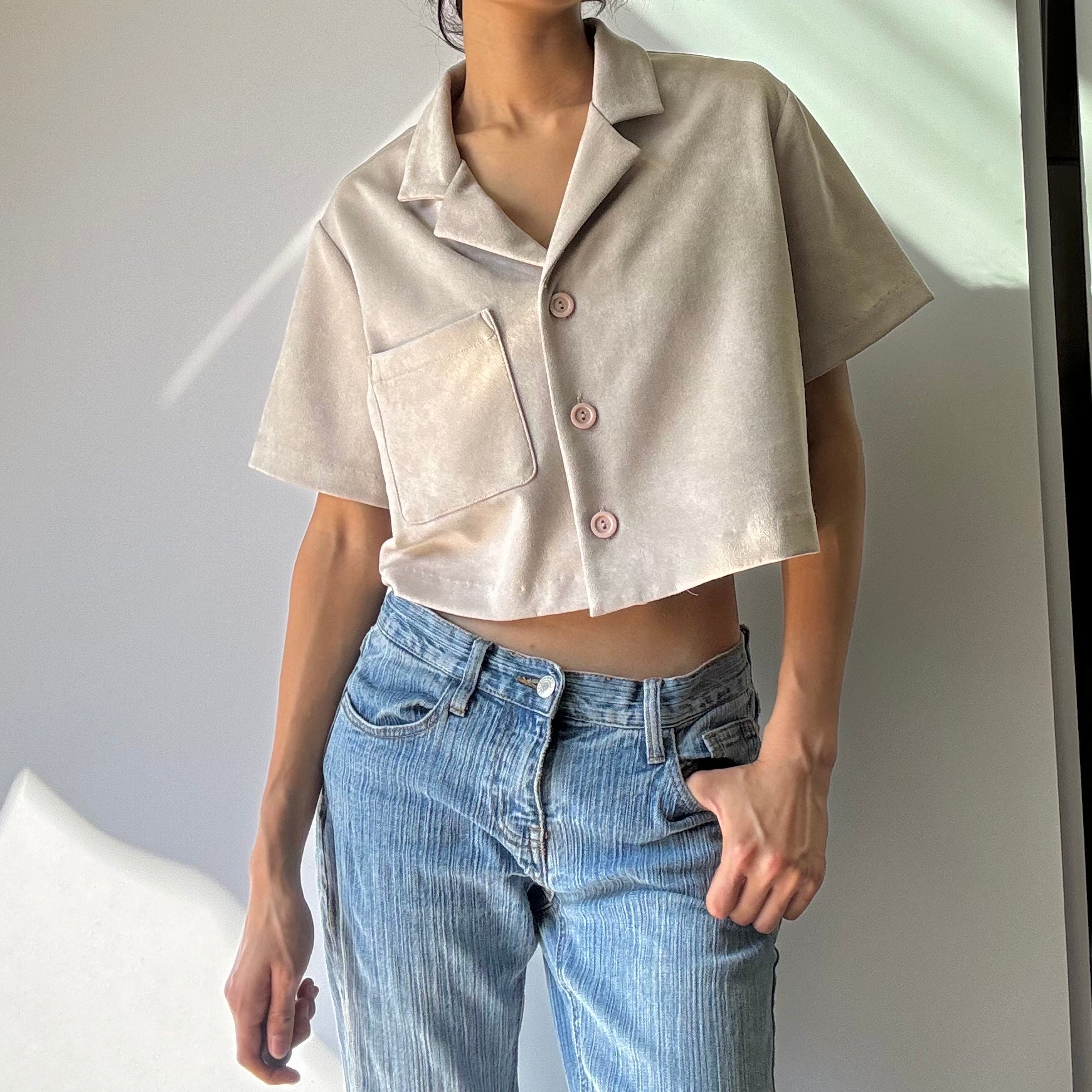 Faux Crop Button Up Top - Oatmeal