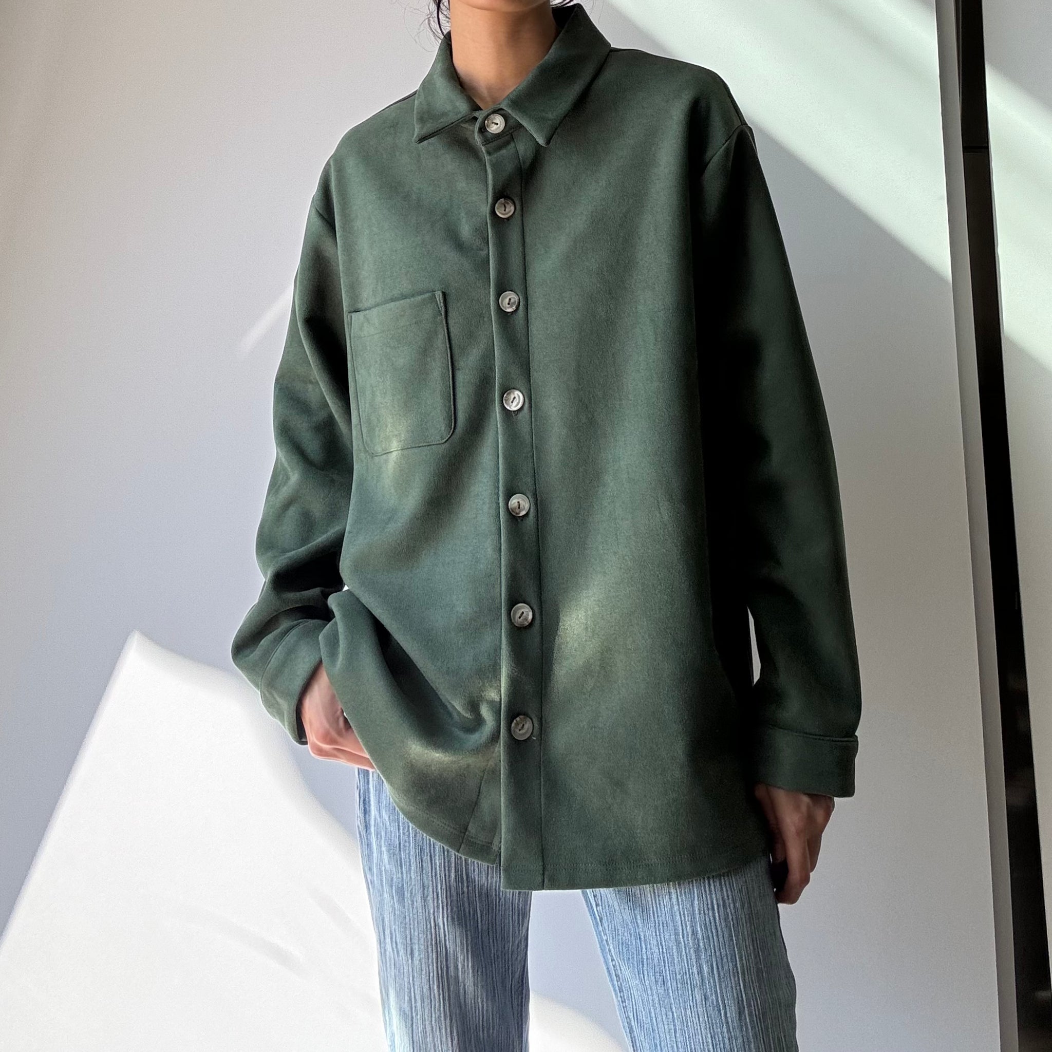 Faux Suede Button Up Top - Forest Green