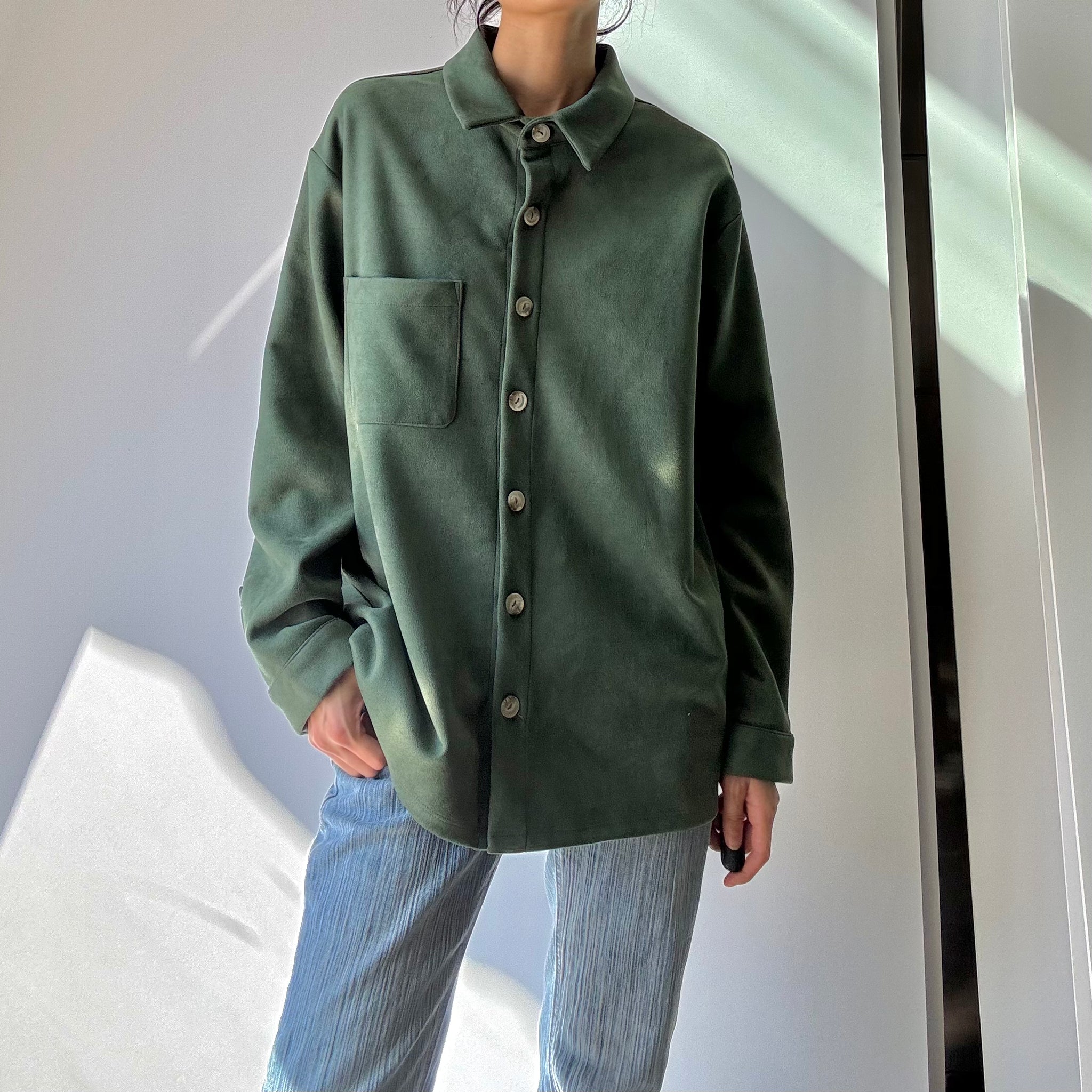 Faux Suede Button Up Top - Forest Green