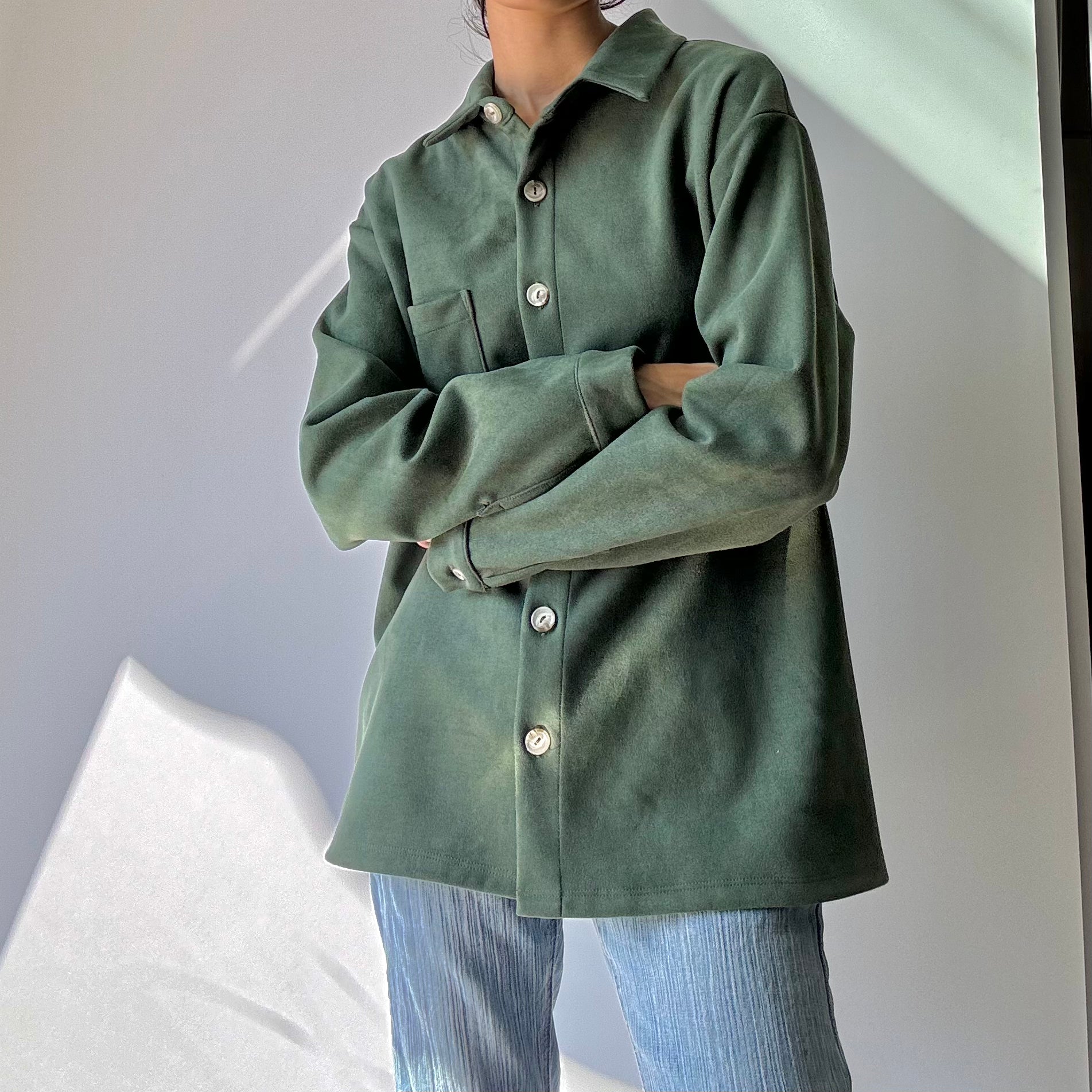 Faux Suede Button Up Top - Forest Green