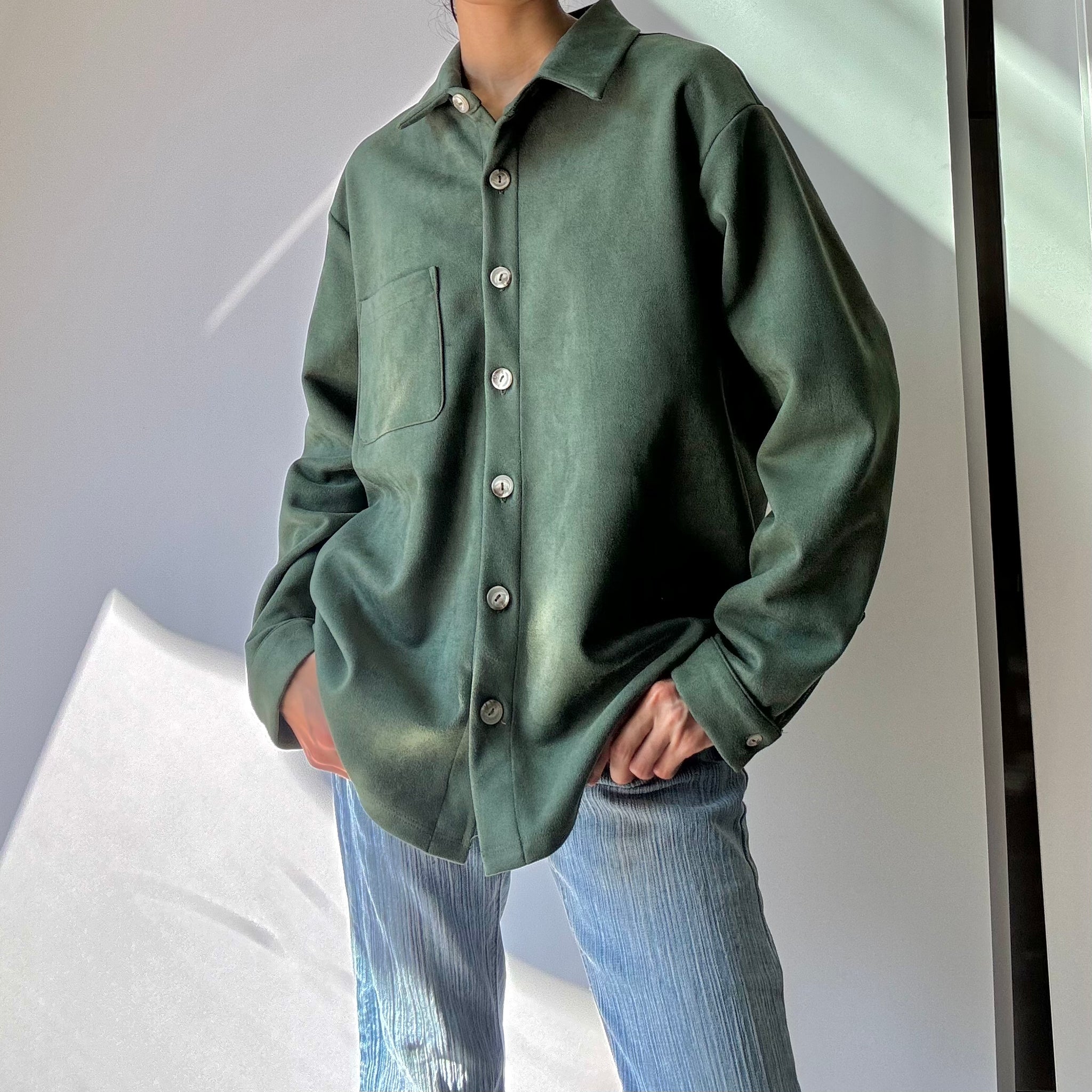 Faux Suede Button Up Top - Forest Green