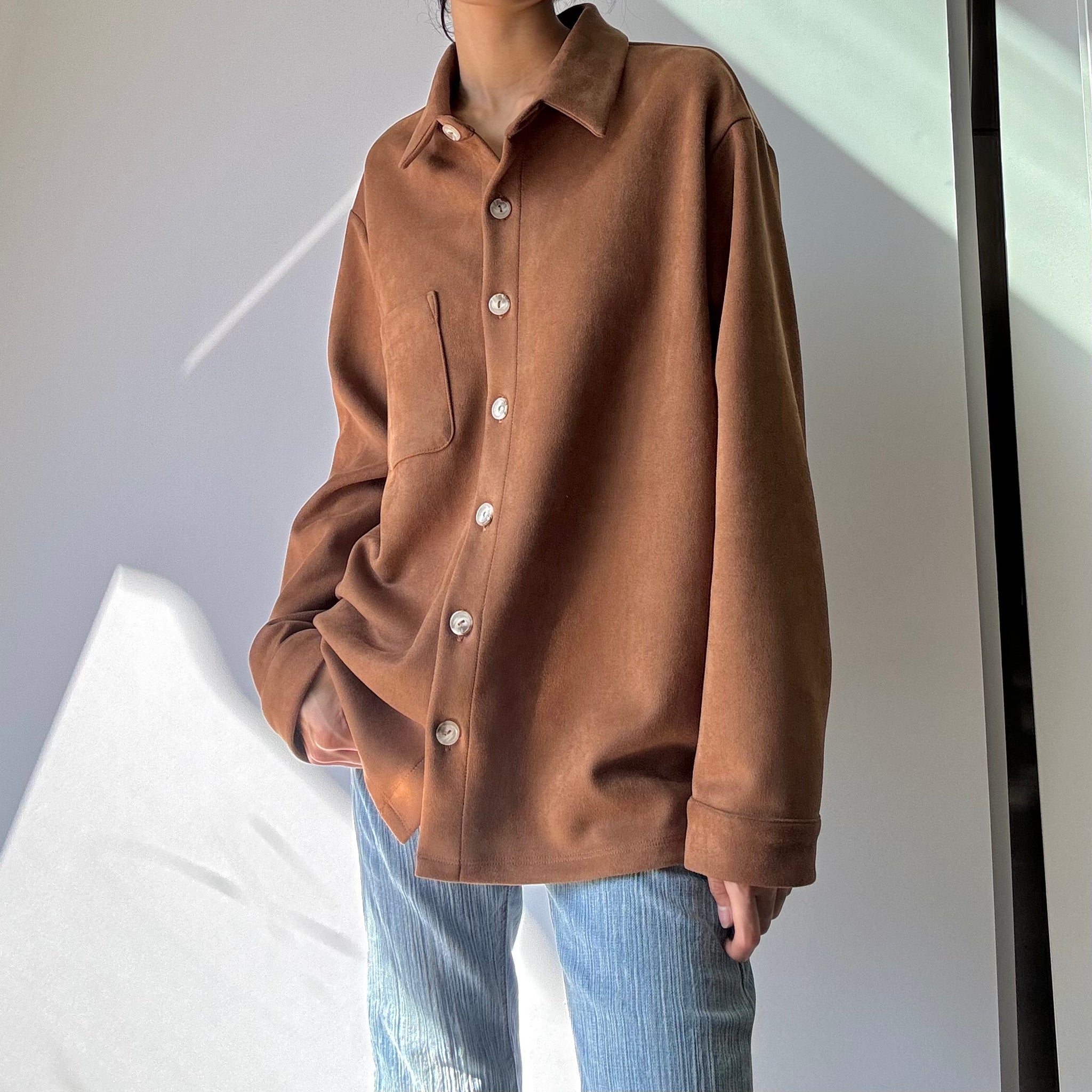 Faux Suede Button Up Top - Camel