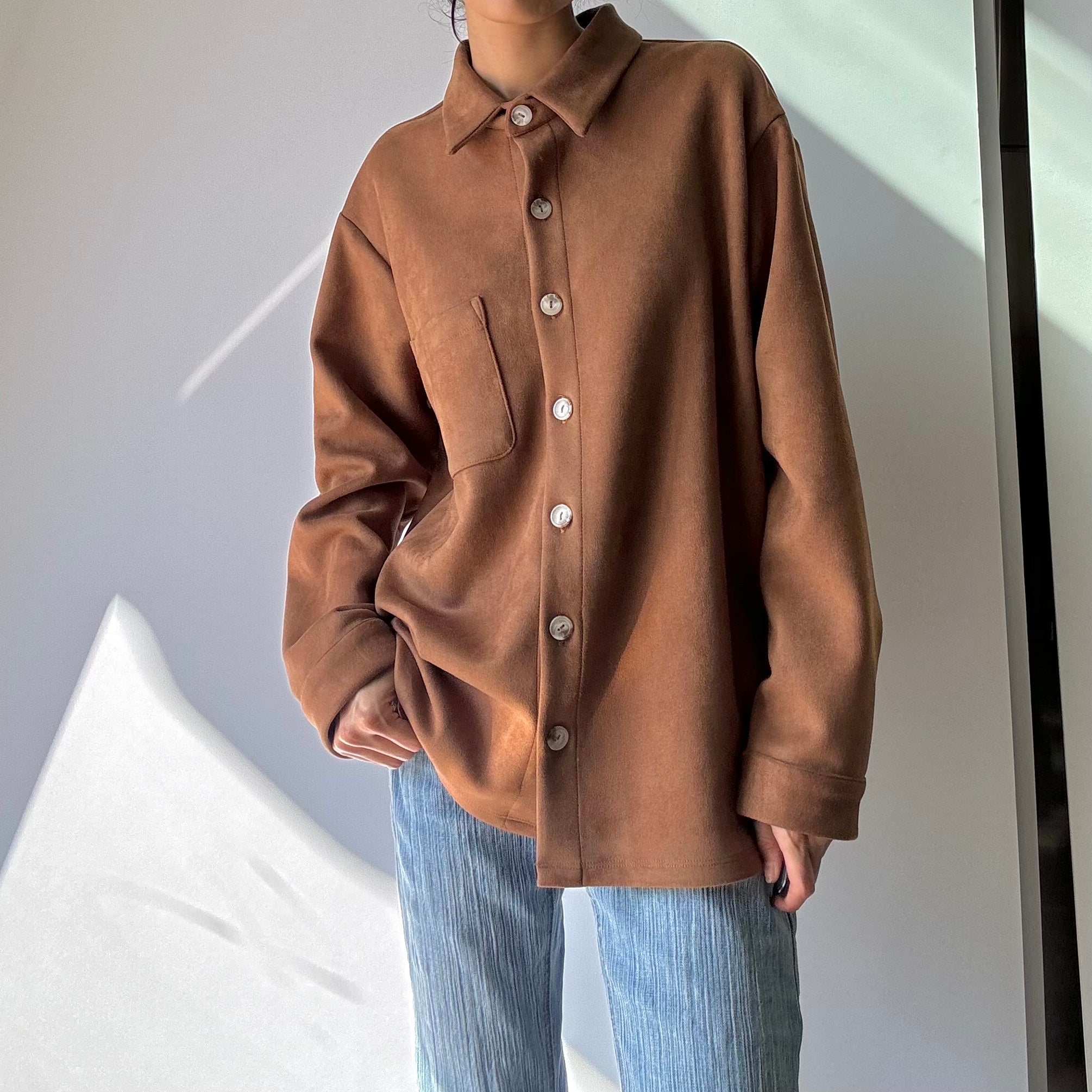 Faux Suede Button Up Top - Camel