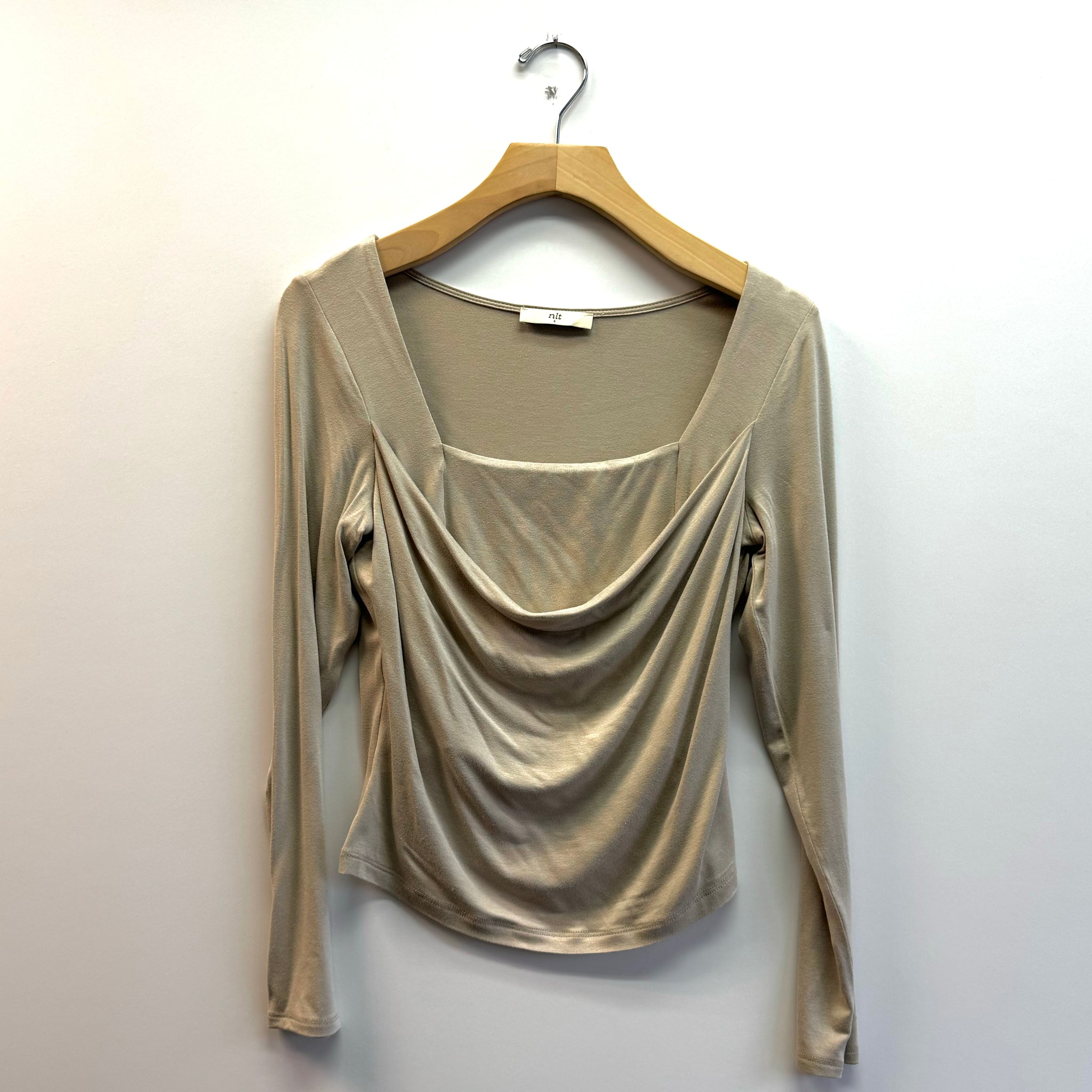 Square Neck Cowl Front Long Sleeve Top - Mushroom