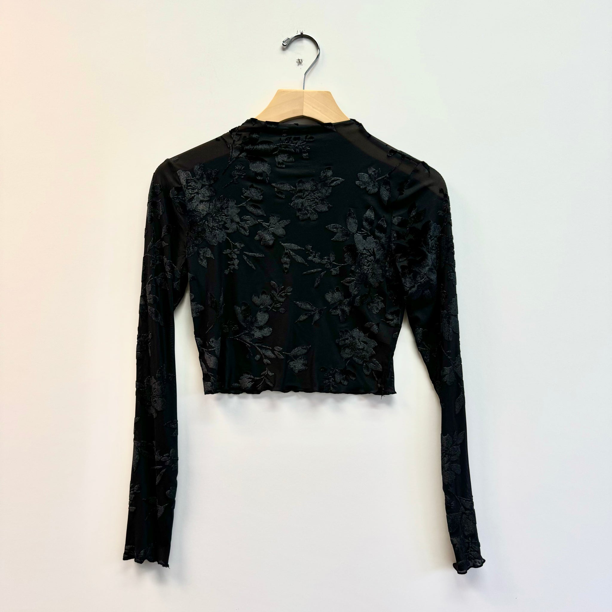 Mesh Floral Velvet Burnout Mock Neck Top - Black