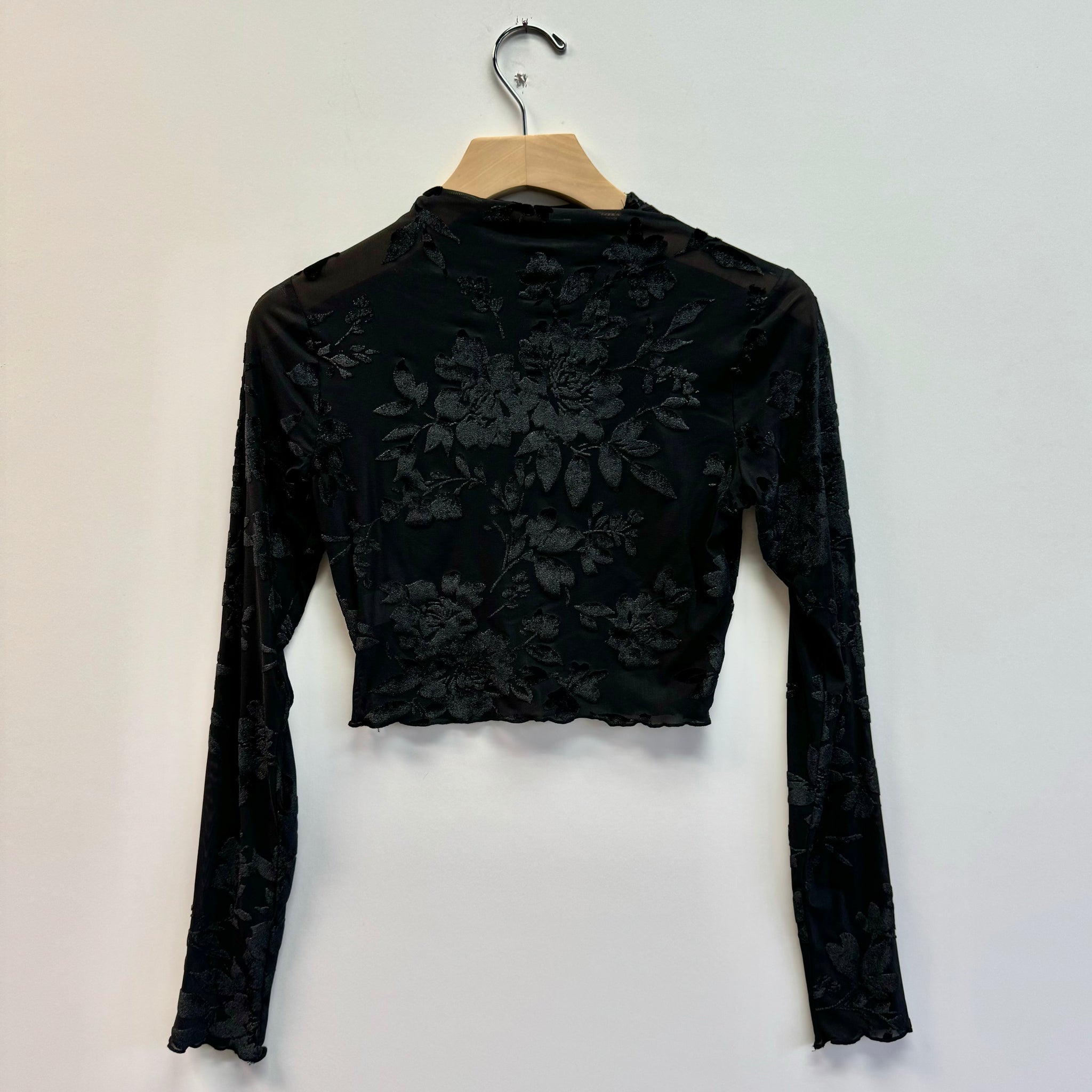 Mesh Floral Velvet Burnout Mock Neck Top - Black