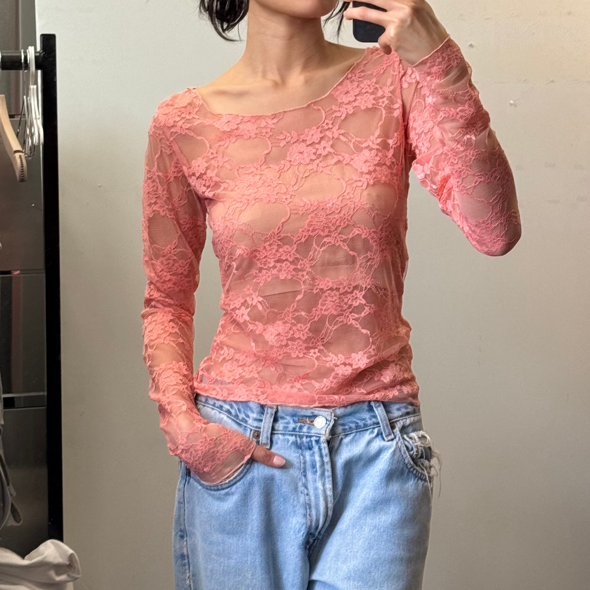 Lace Scoop Neck Top - Pink