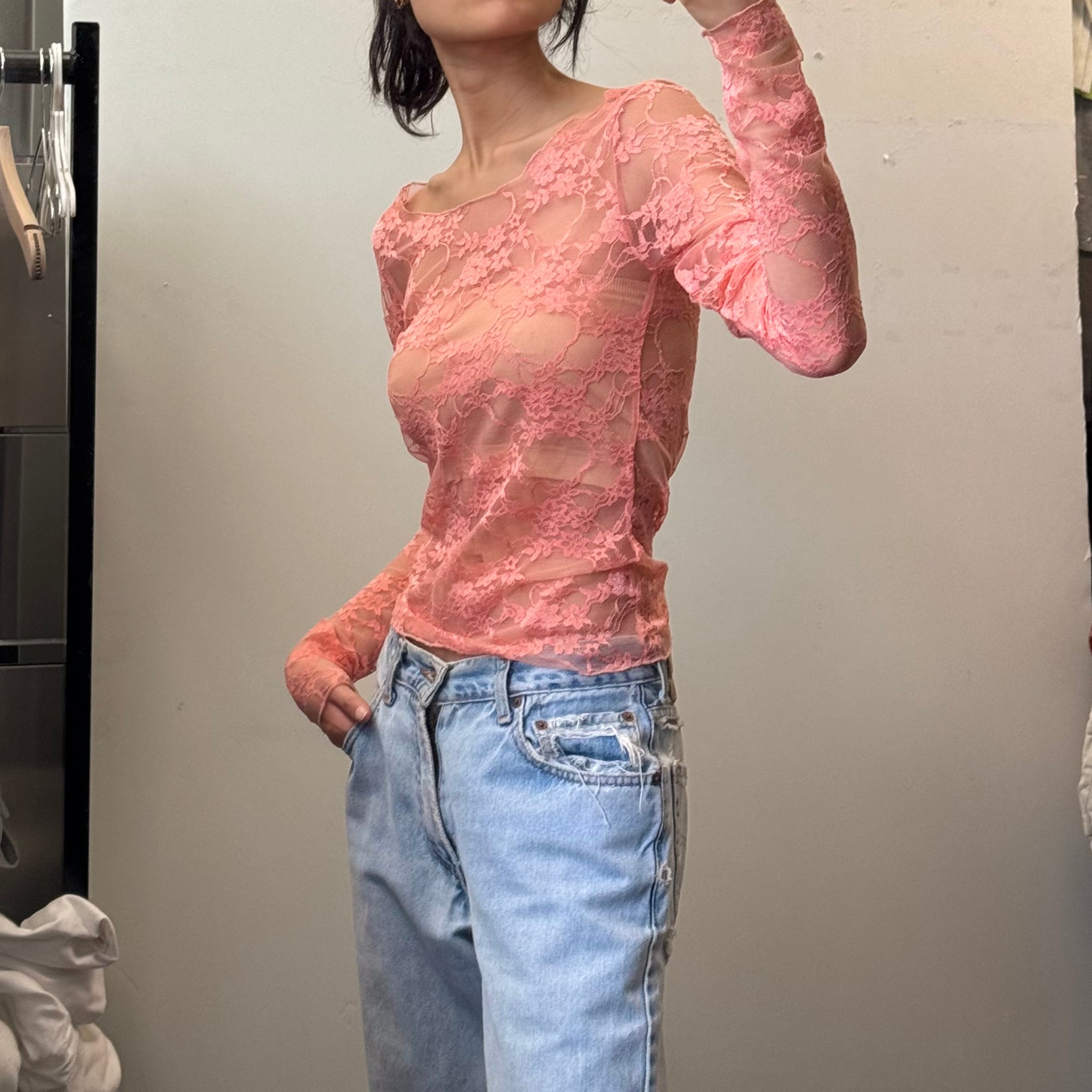 Lace Scoop Neck Top - Pink