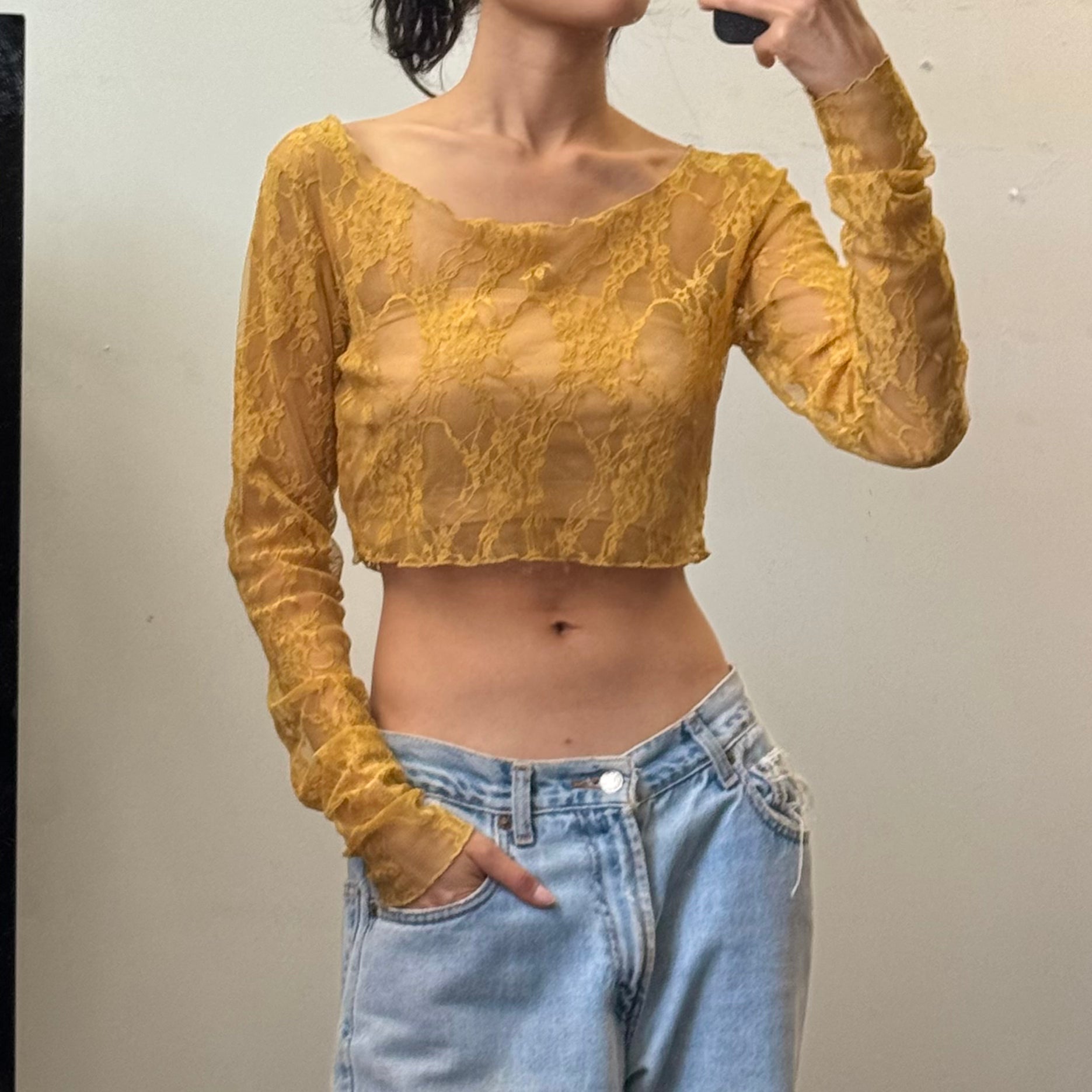 Lace Scoop Neck Crop Top - Mustard