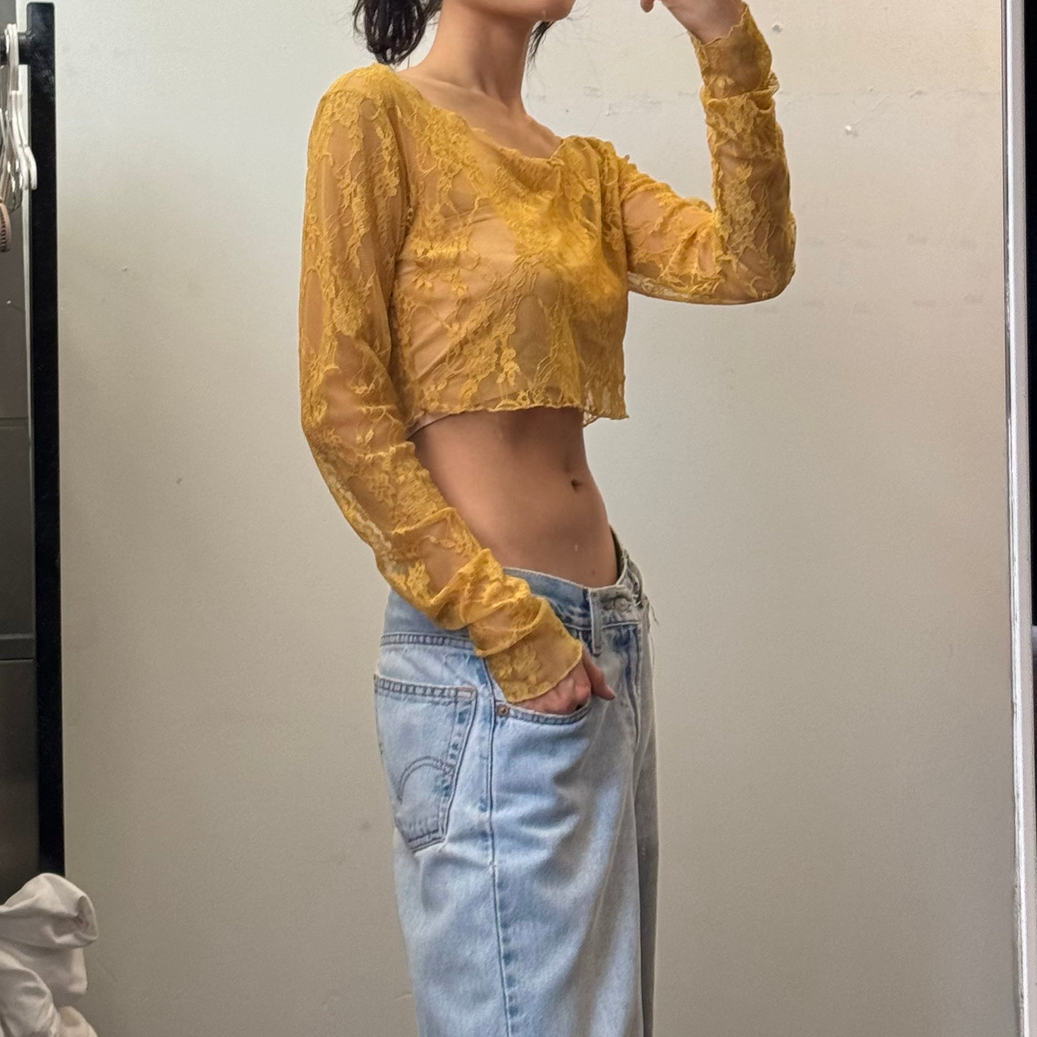 Lace Scoop Neck Crop Top - Mustard