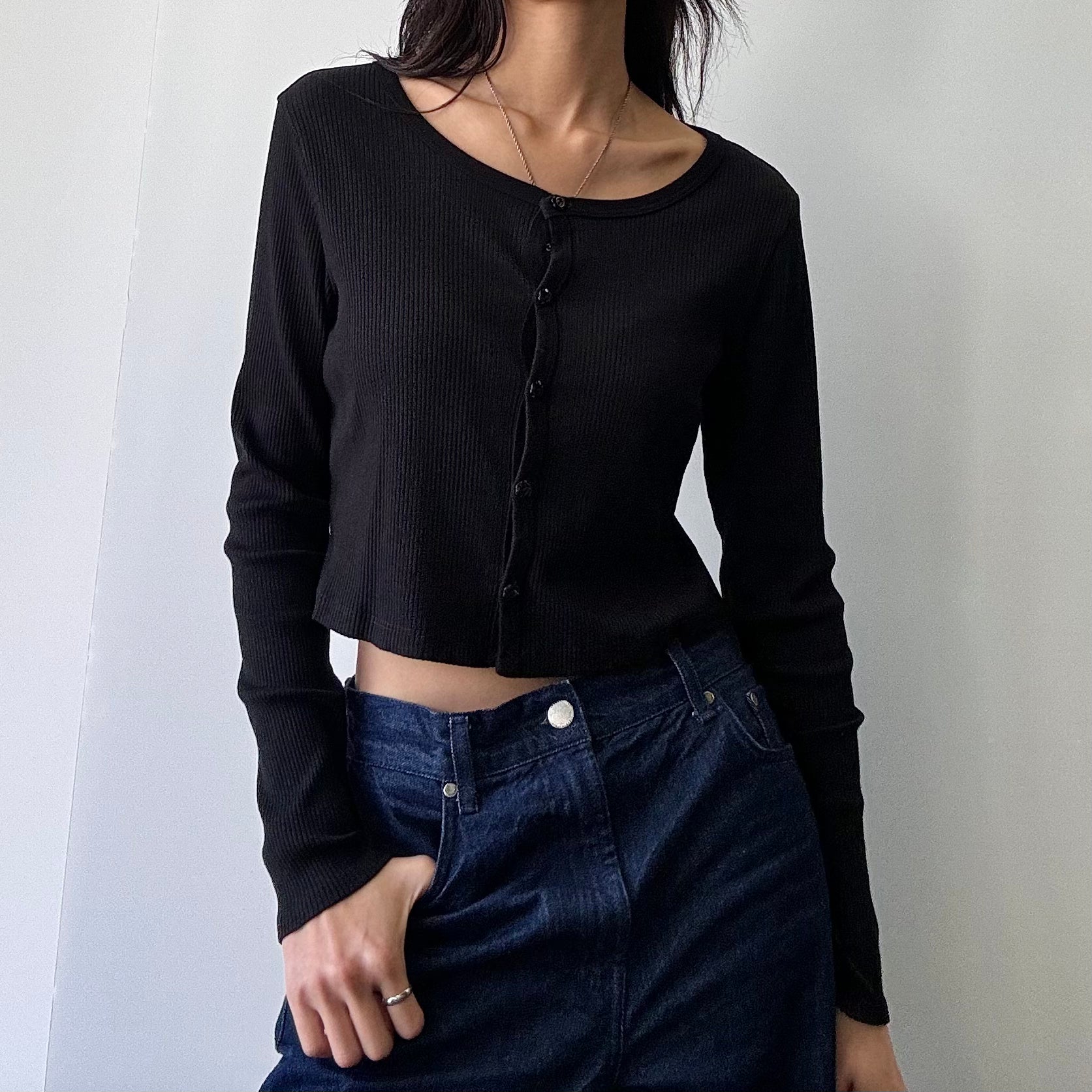 4x2 Rib Hemp Cotton Blend Crop Button Down Tee - Black