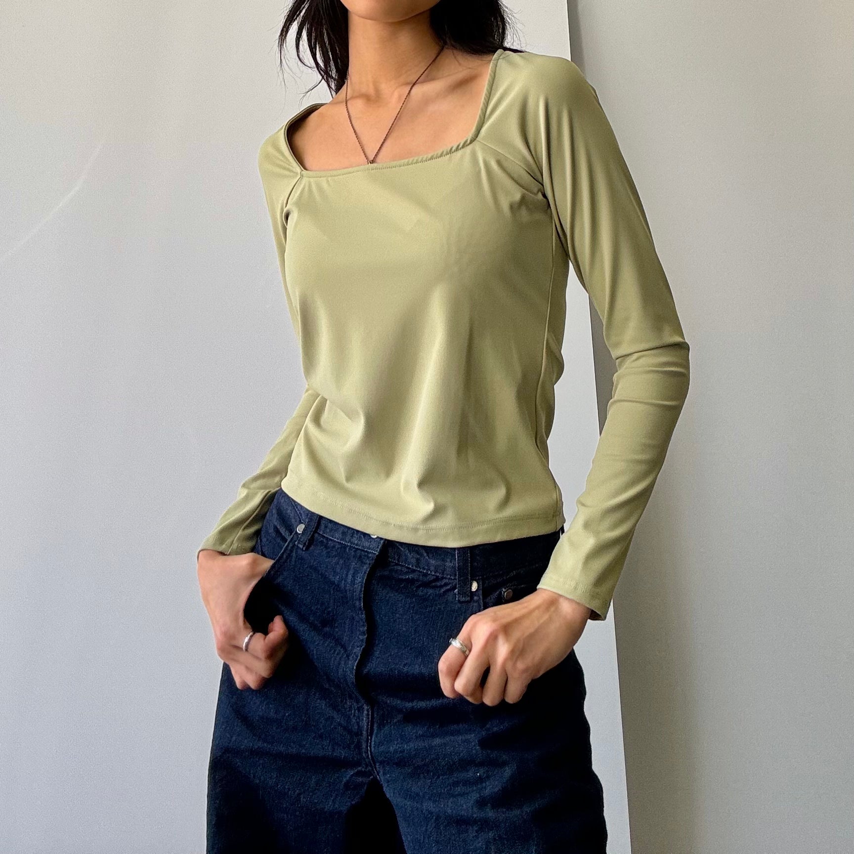 Square Neck Long Sleeve Top - Pistachio