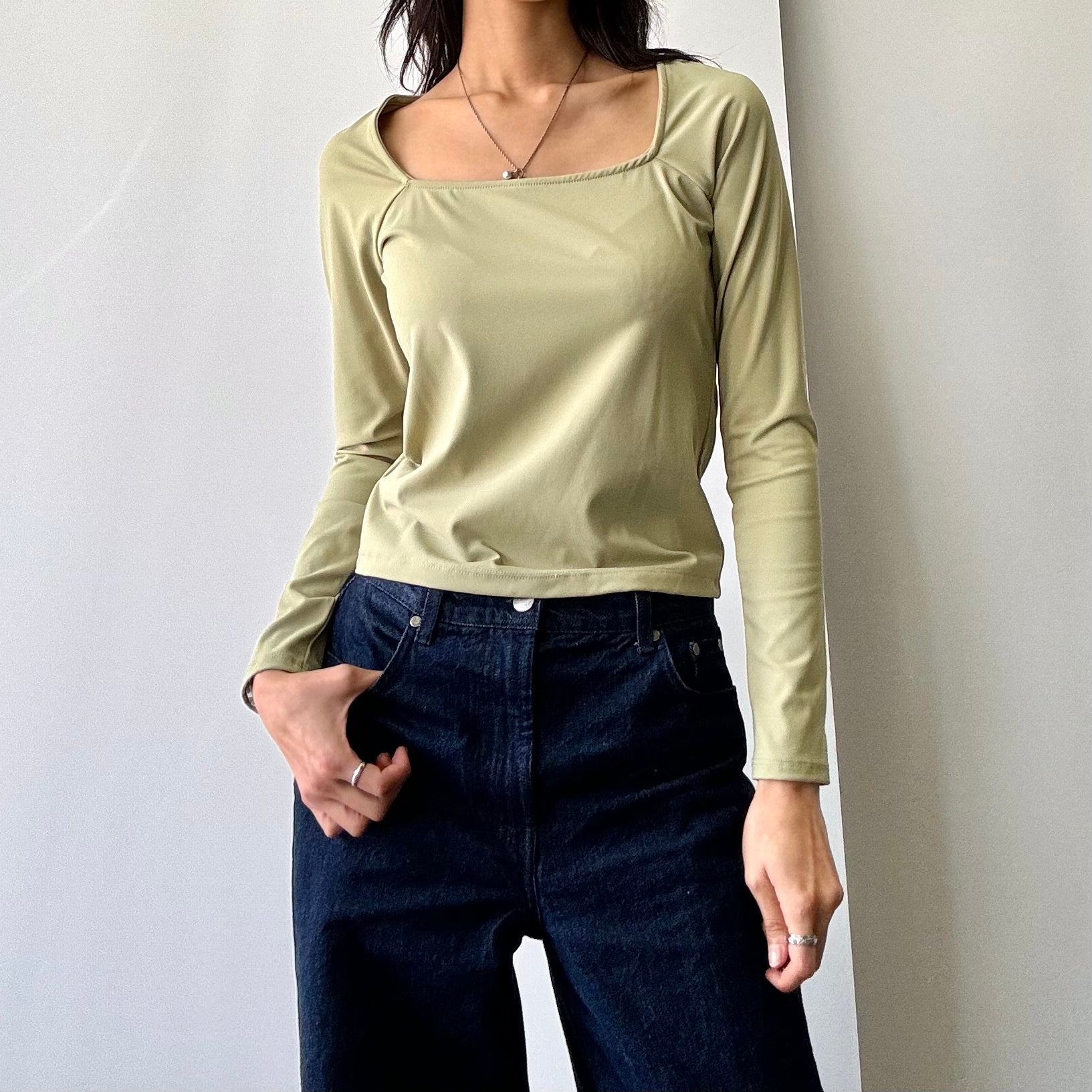 Square Neck Long Sleeve Top - Pistachio