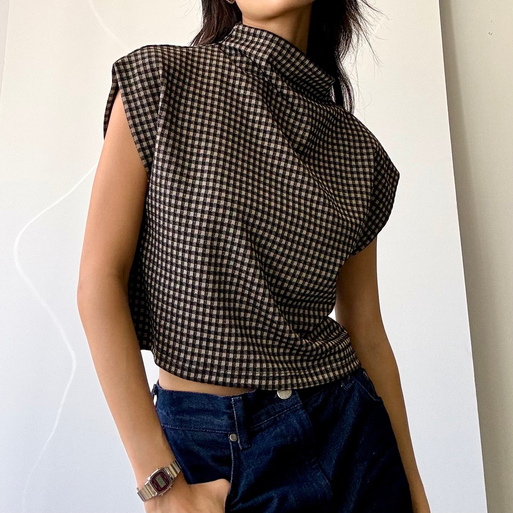 Cropped Gingham Top - Tan/Black