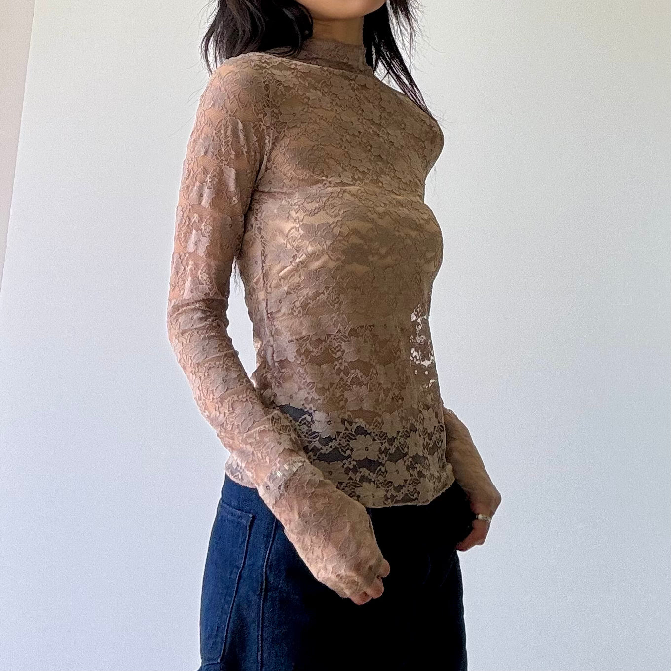 Lace Mockneck Top - Taupe