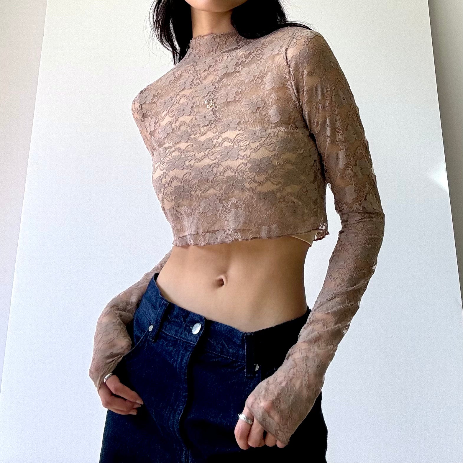 Lace Mockneck Crop Top - Taupe