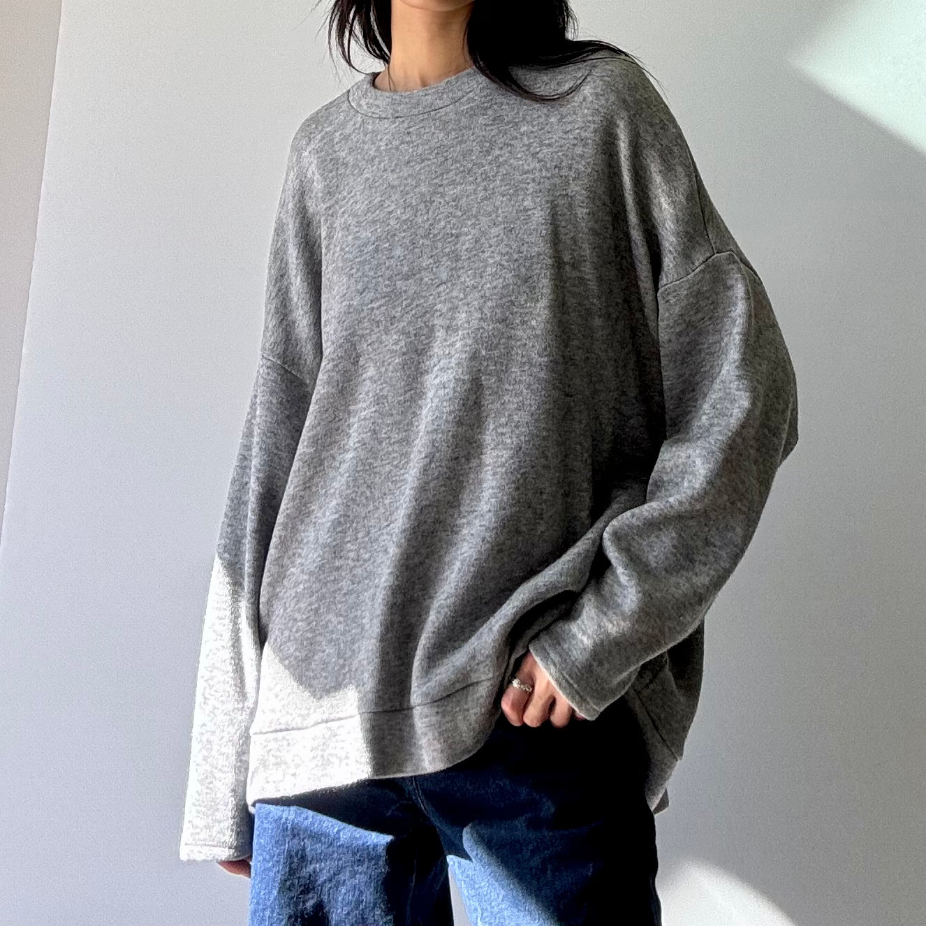 Oversized Faux Cashmere Crewneck Sweater - H Grey