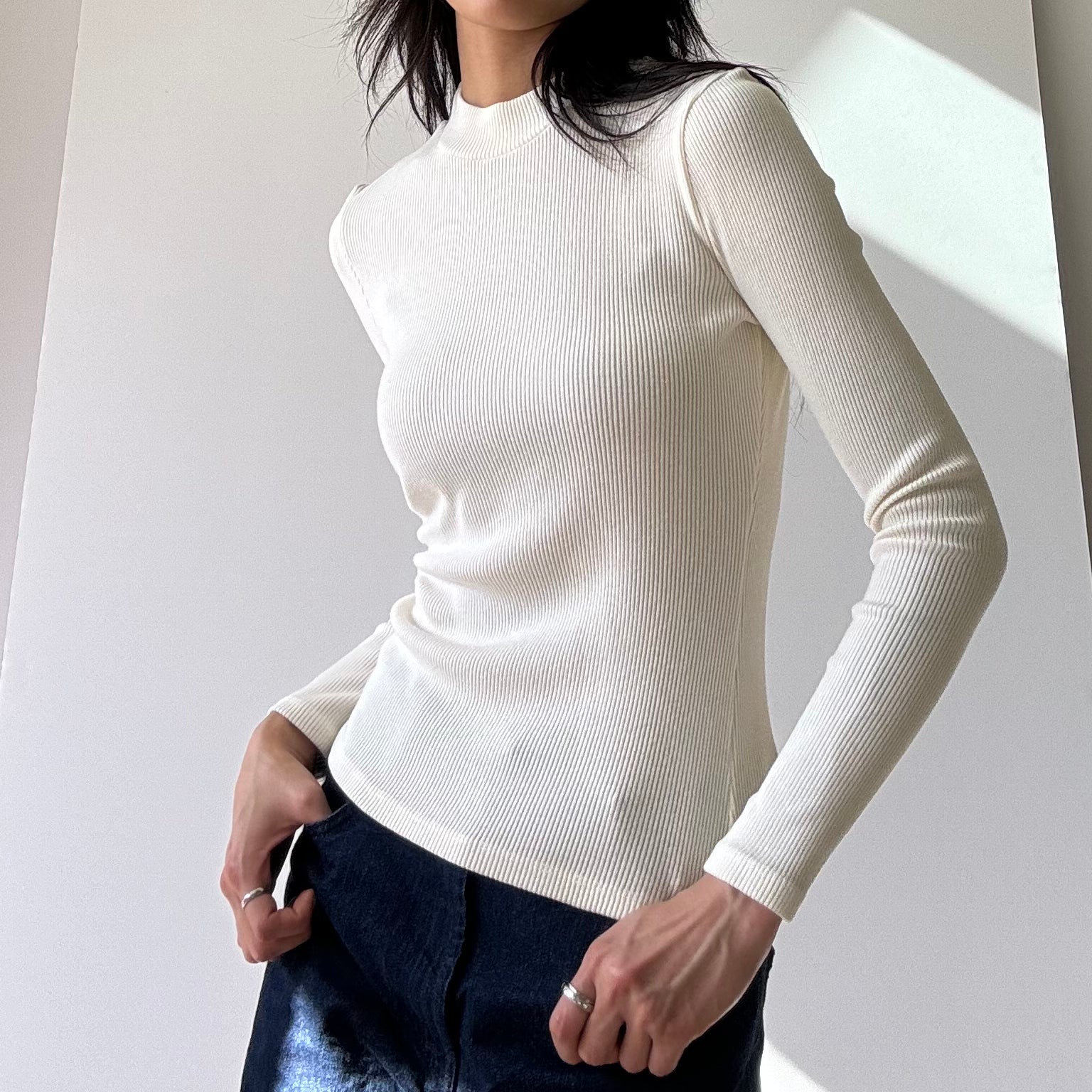 Rib Mock Neck Long Sleeve Top - Ivory