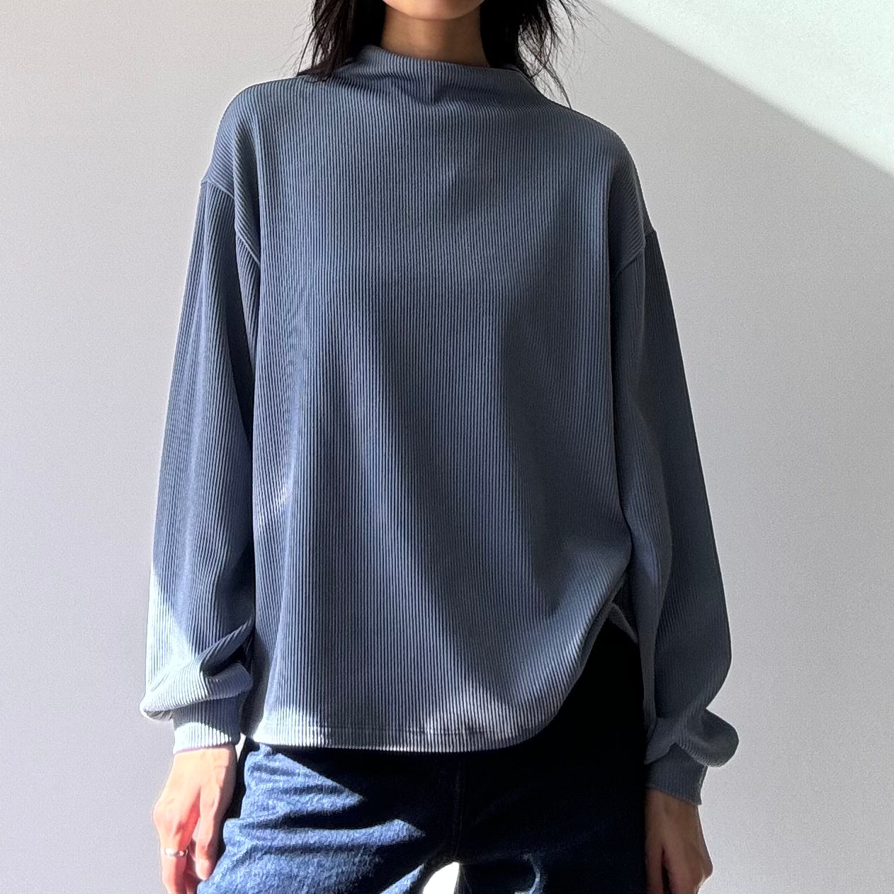 Mockneck Rib Top - Denim Blue