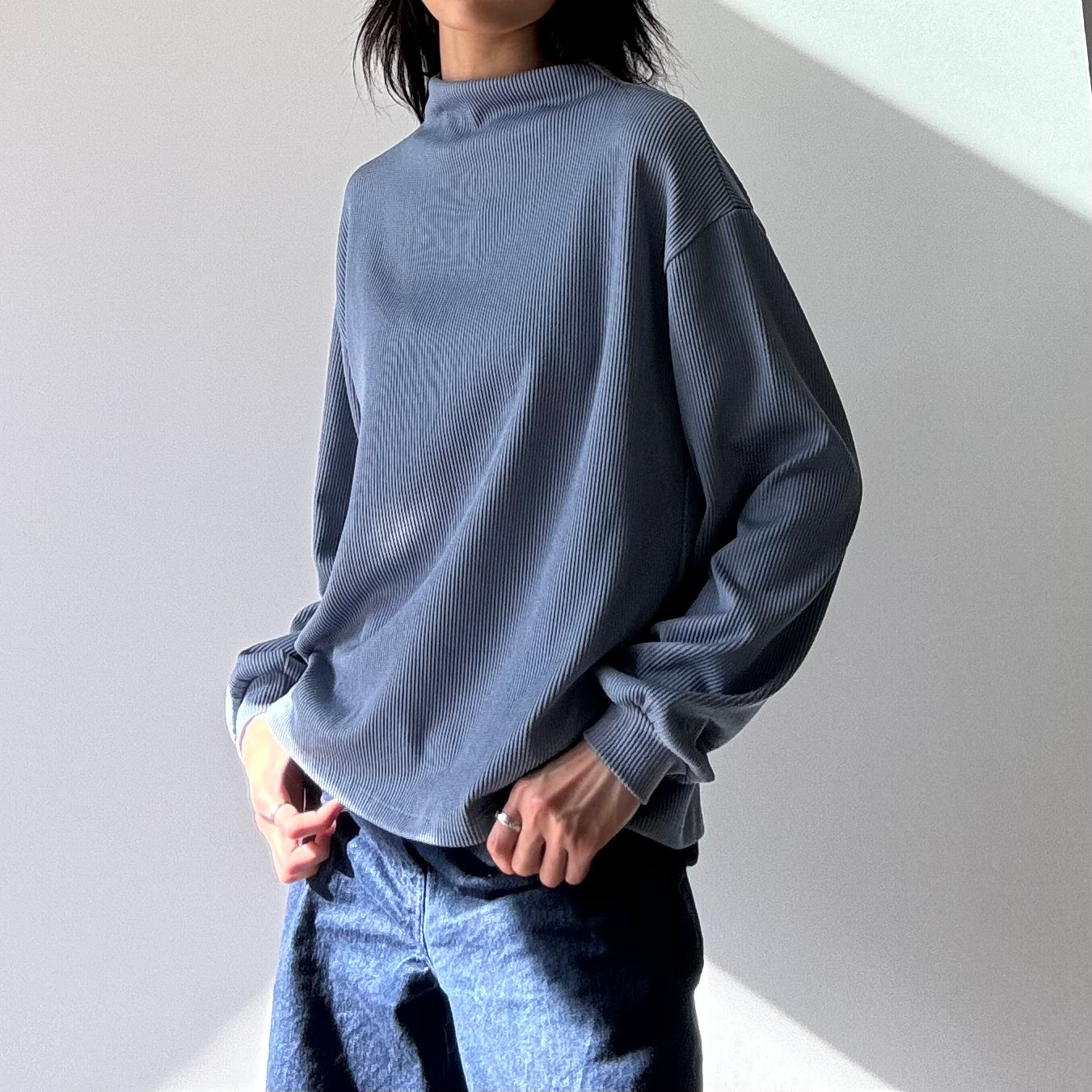 Mockneck Rib Top - Denim Blue