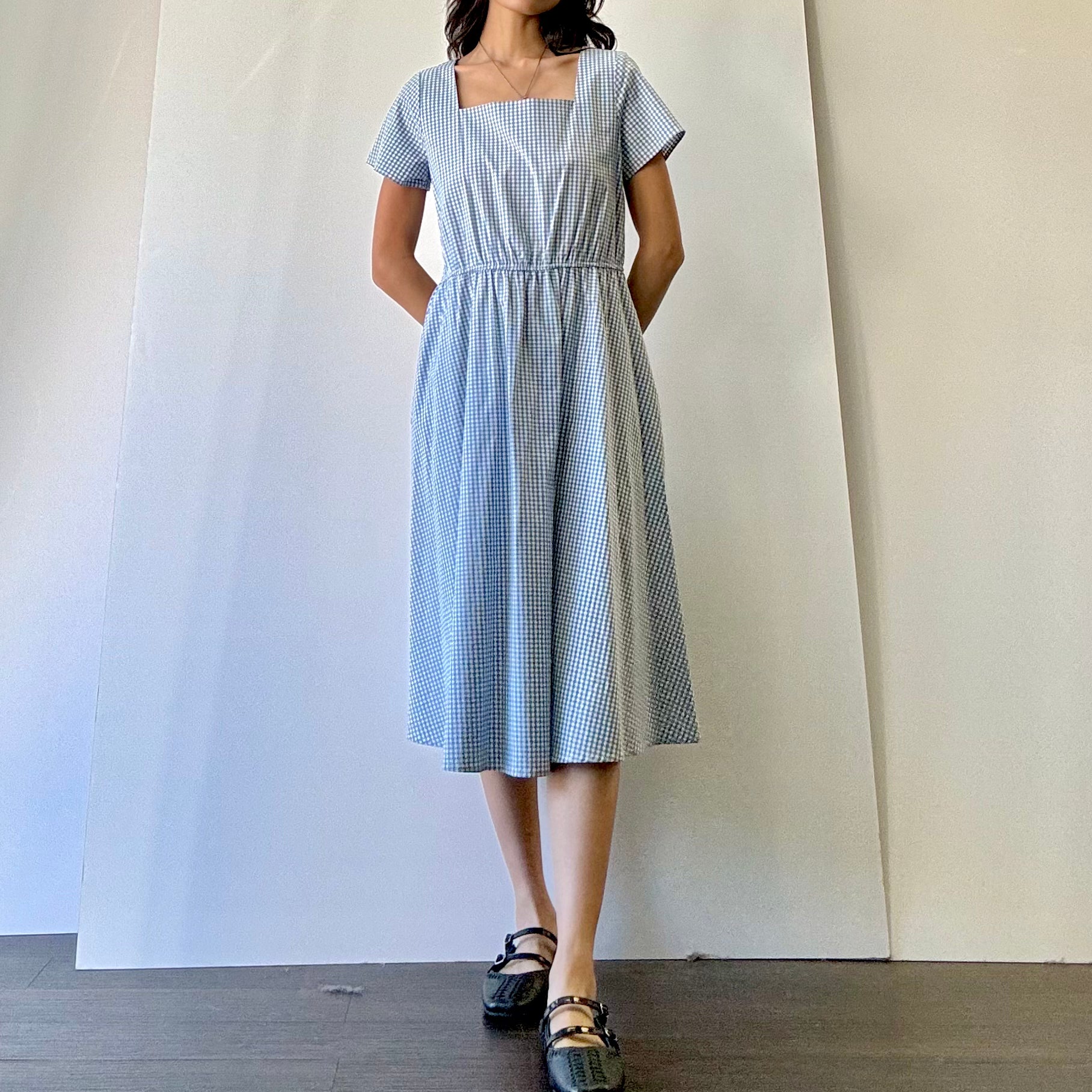 Gingham Square Neck Dress - Blue