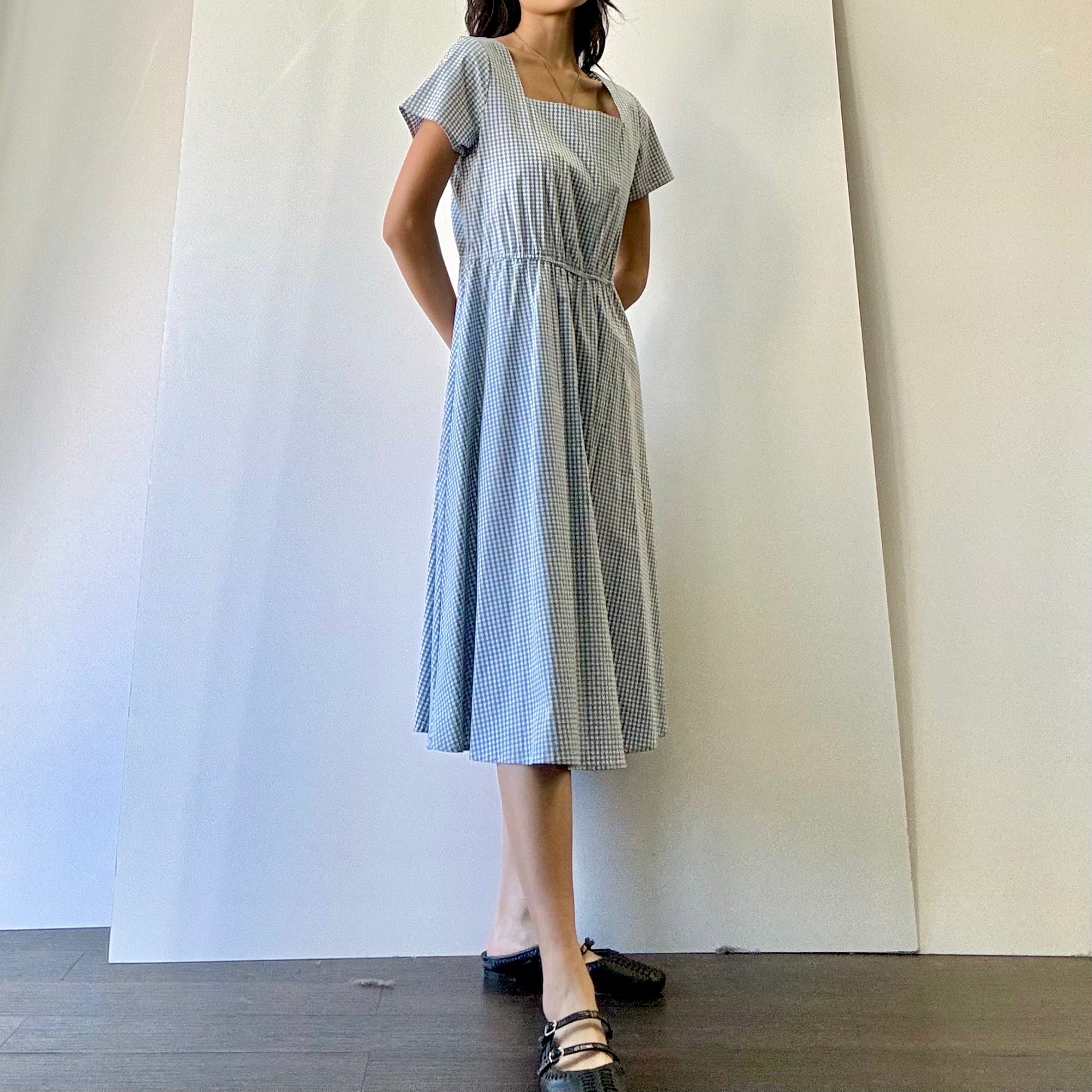 Gingham Square Neck Dress - Blue