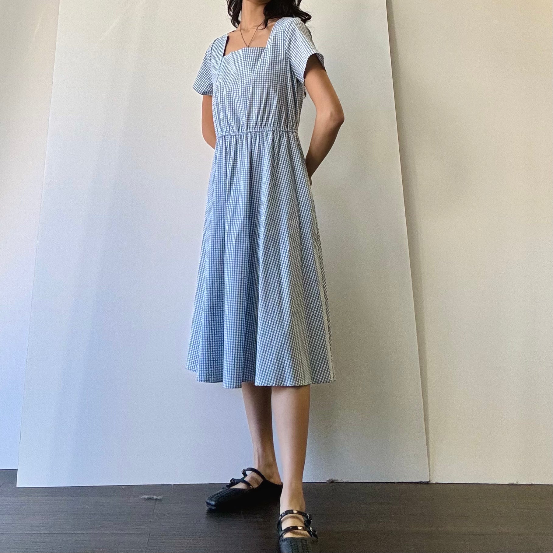 Gingham Square Neck Dress - Blue