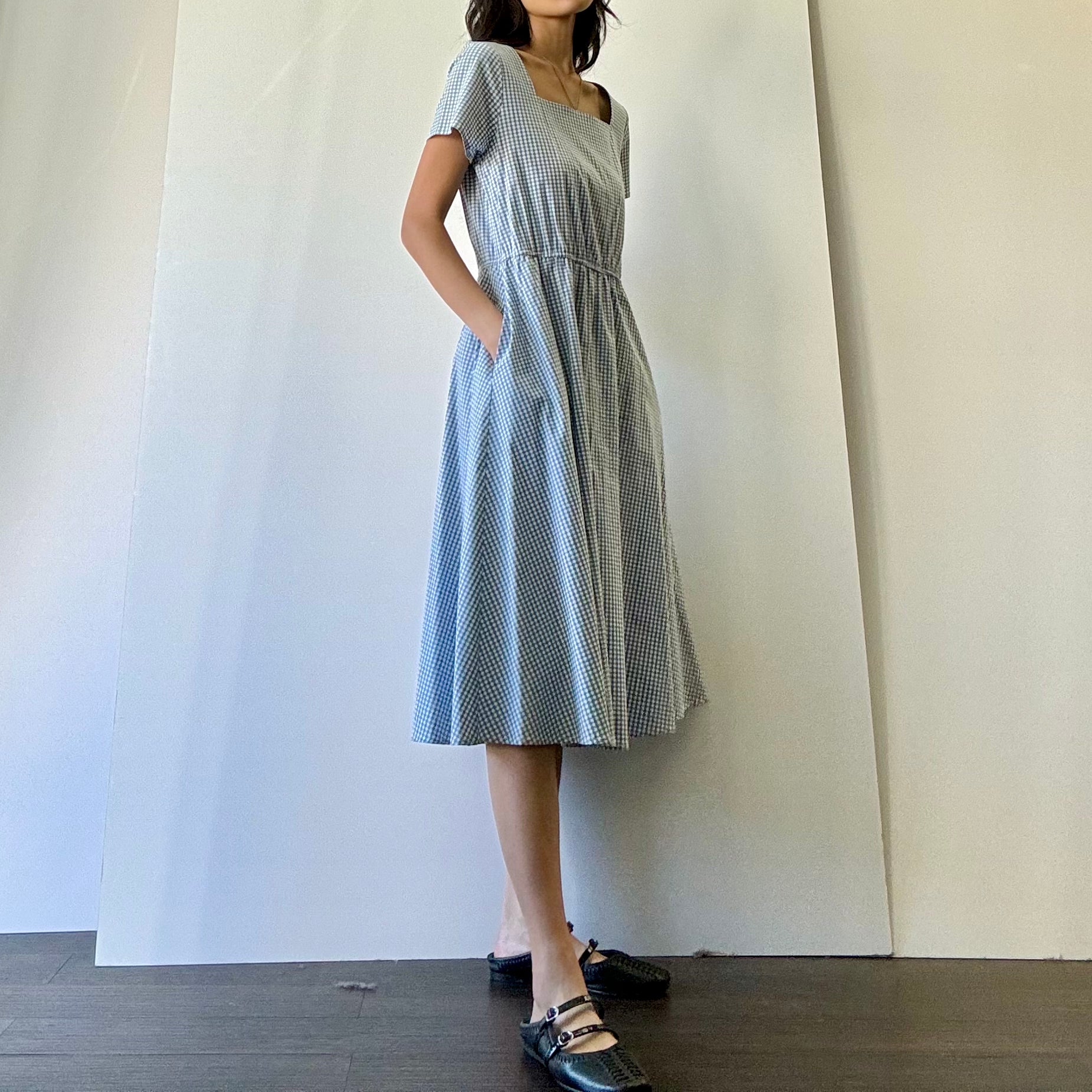 Gingham Square Neck Dress - Blue