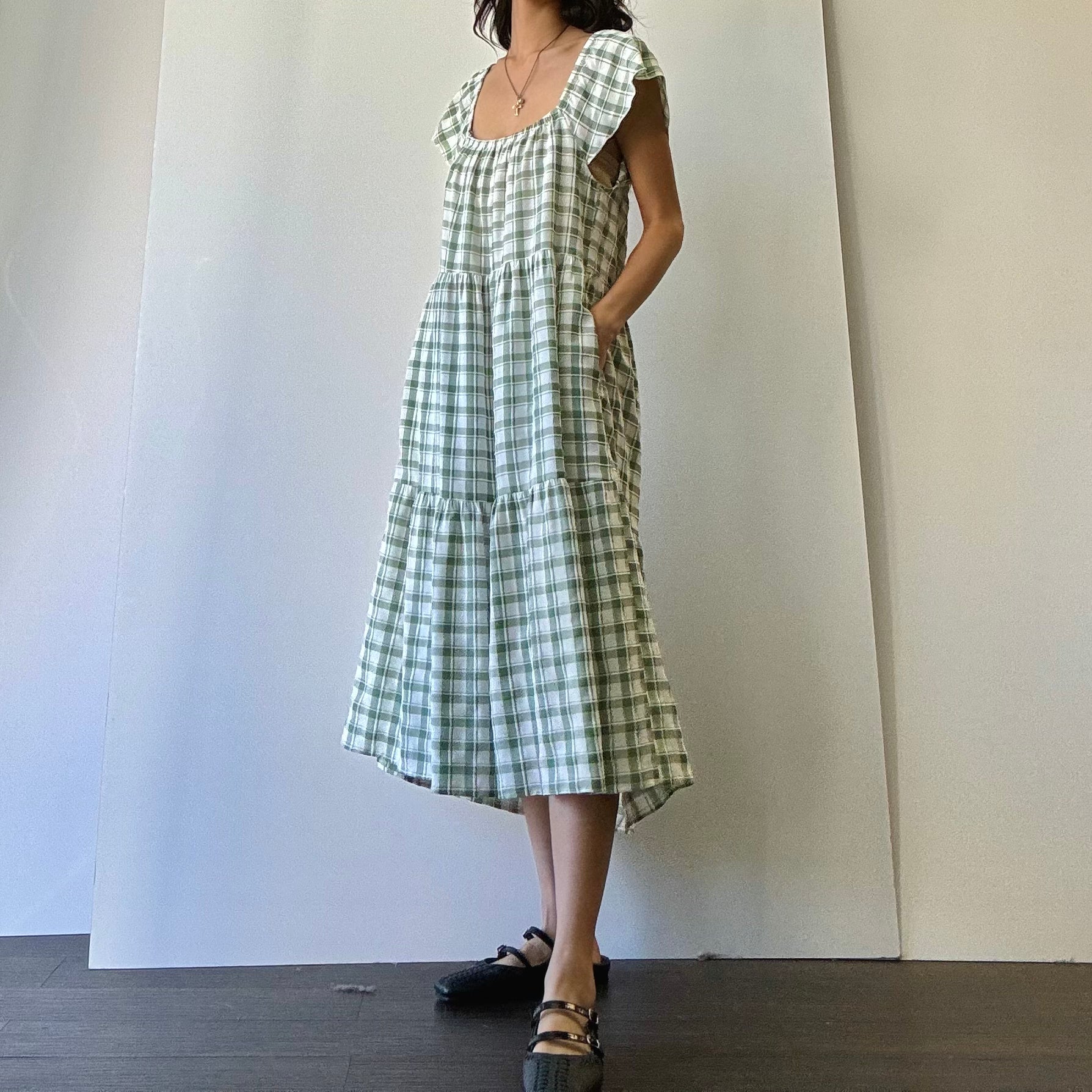 Tiered Plaid Dress - Sage/White