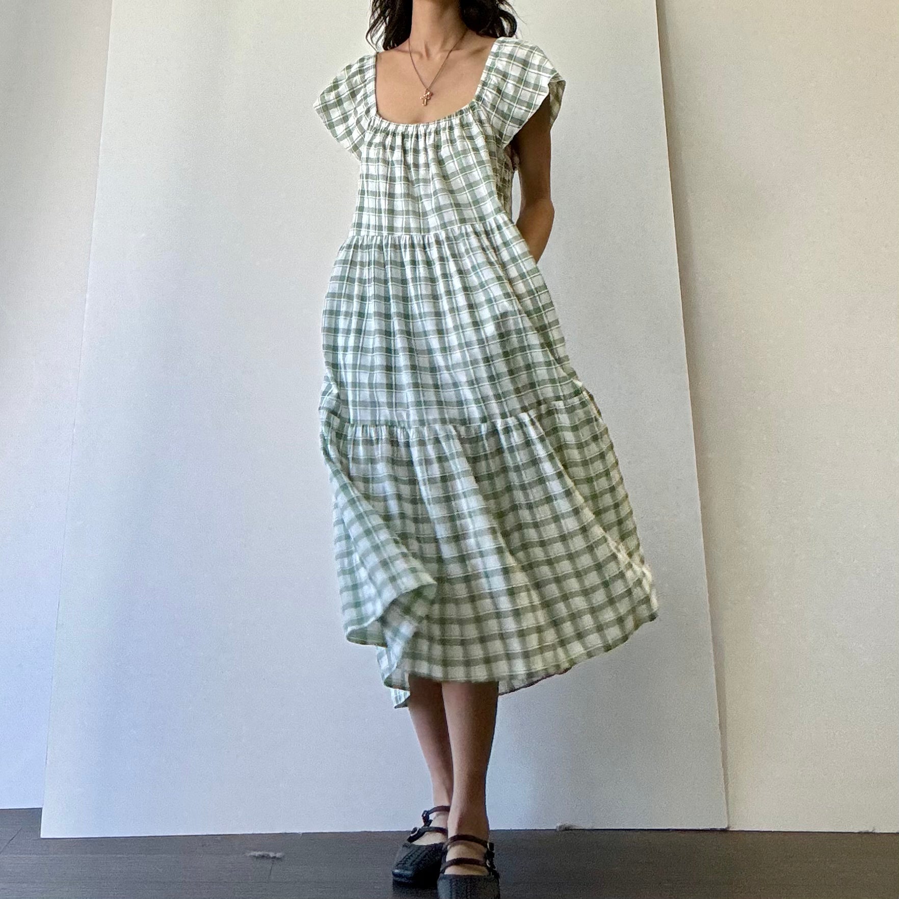 Tiered Plaid Dress - Sage/White