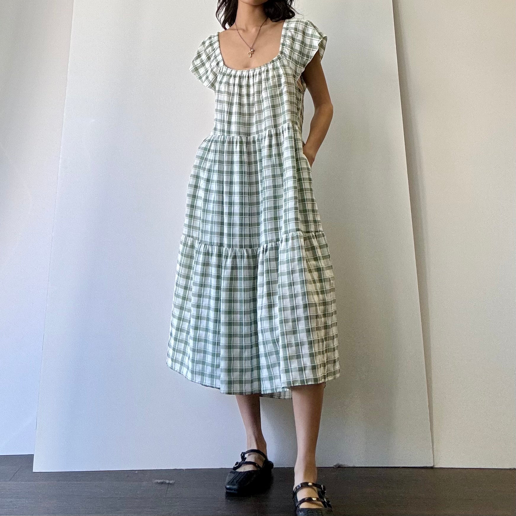 Tiered Plaid Dress - Sage/White